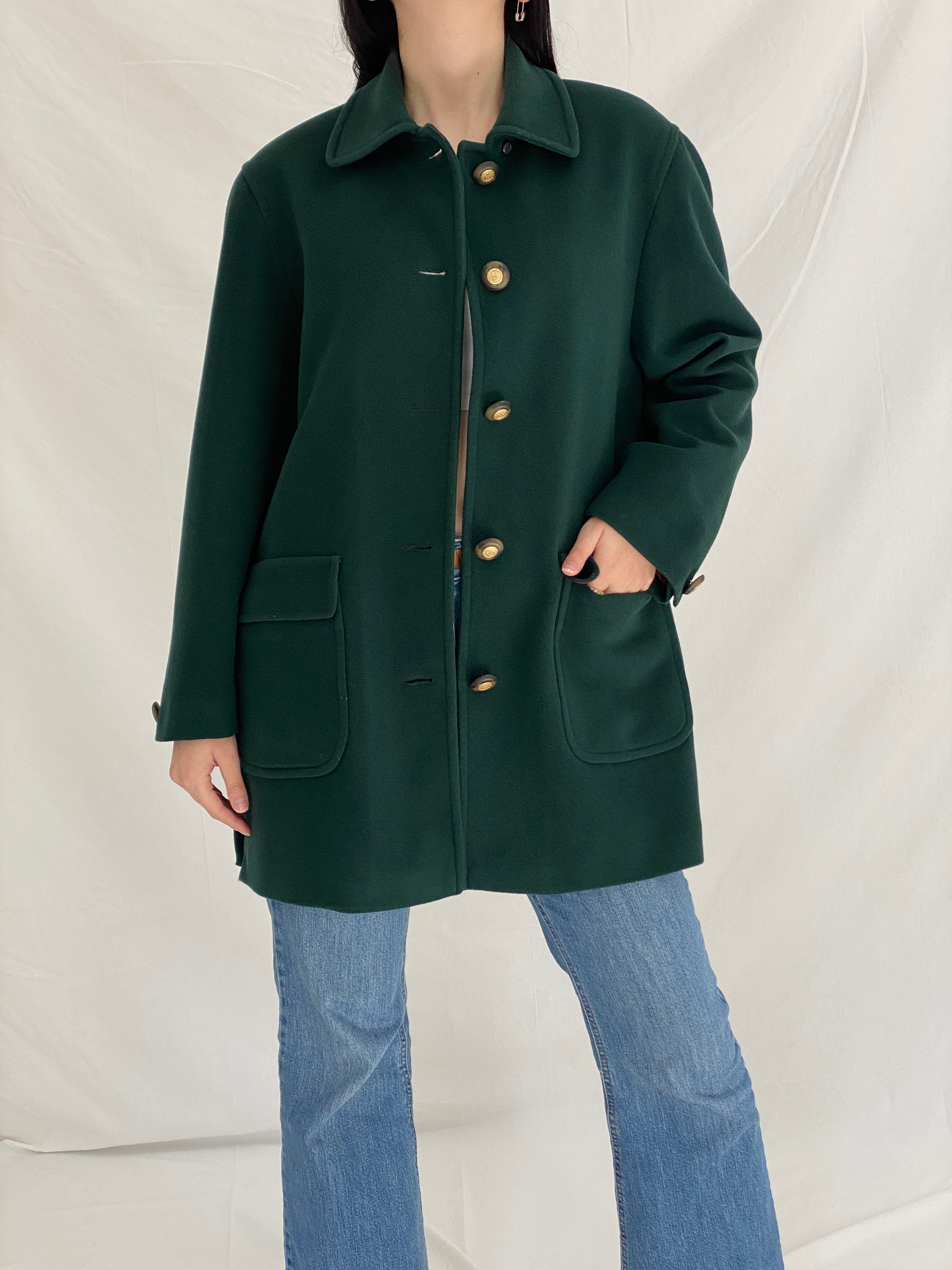 Vintage Viyella Green Wool Coat 90s Classic Tailored Wool Minimalist Jacket - L
