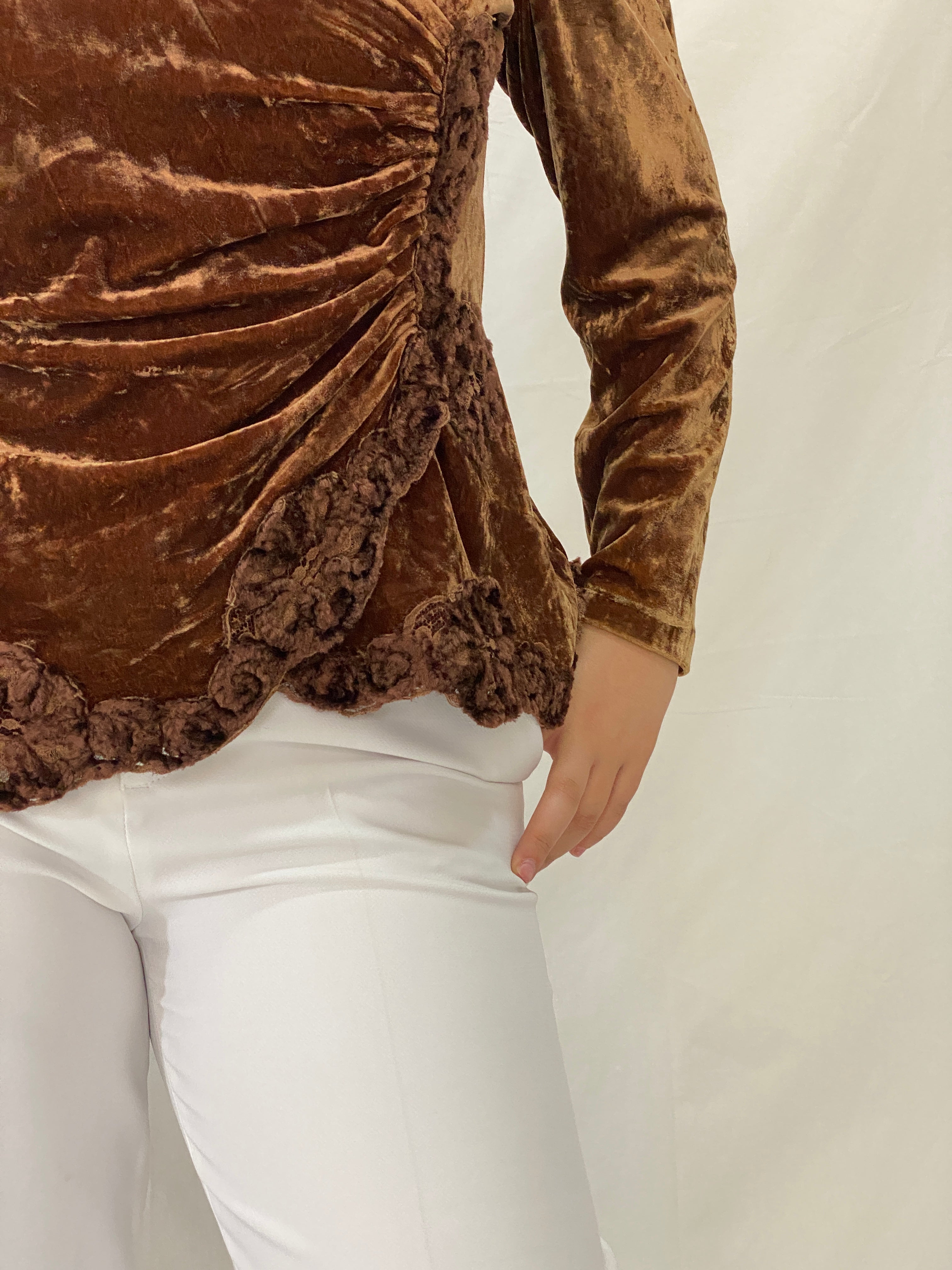 Vintage GEORGEDÉ Paris Brown Crushed Velvet Top Puff Sleeve Wrap Ruched Blouse - M