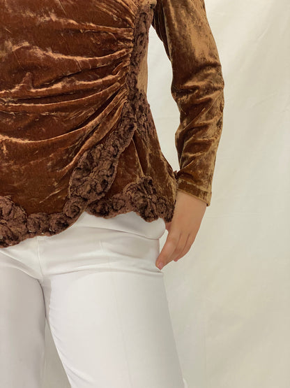 Vintage GEORGEDÉ Paris Brown Crushed Velvet Top Puff Sleeve Wrap Ruched Blouse - M