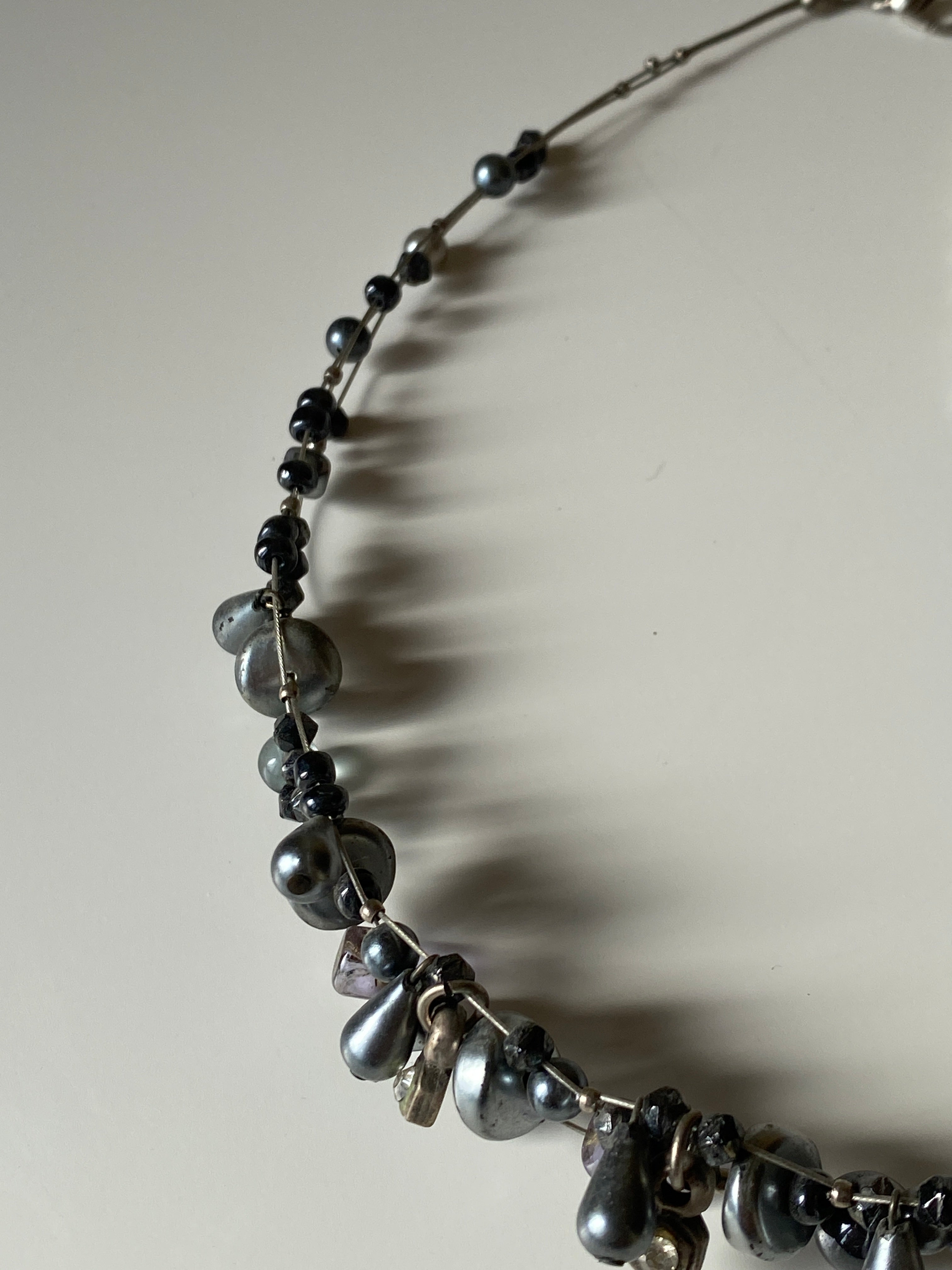 Vintage Black & Grey Pearl Beaded Necklace with Crystal Accents