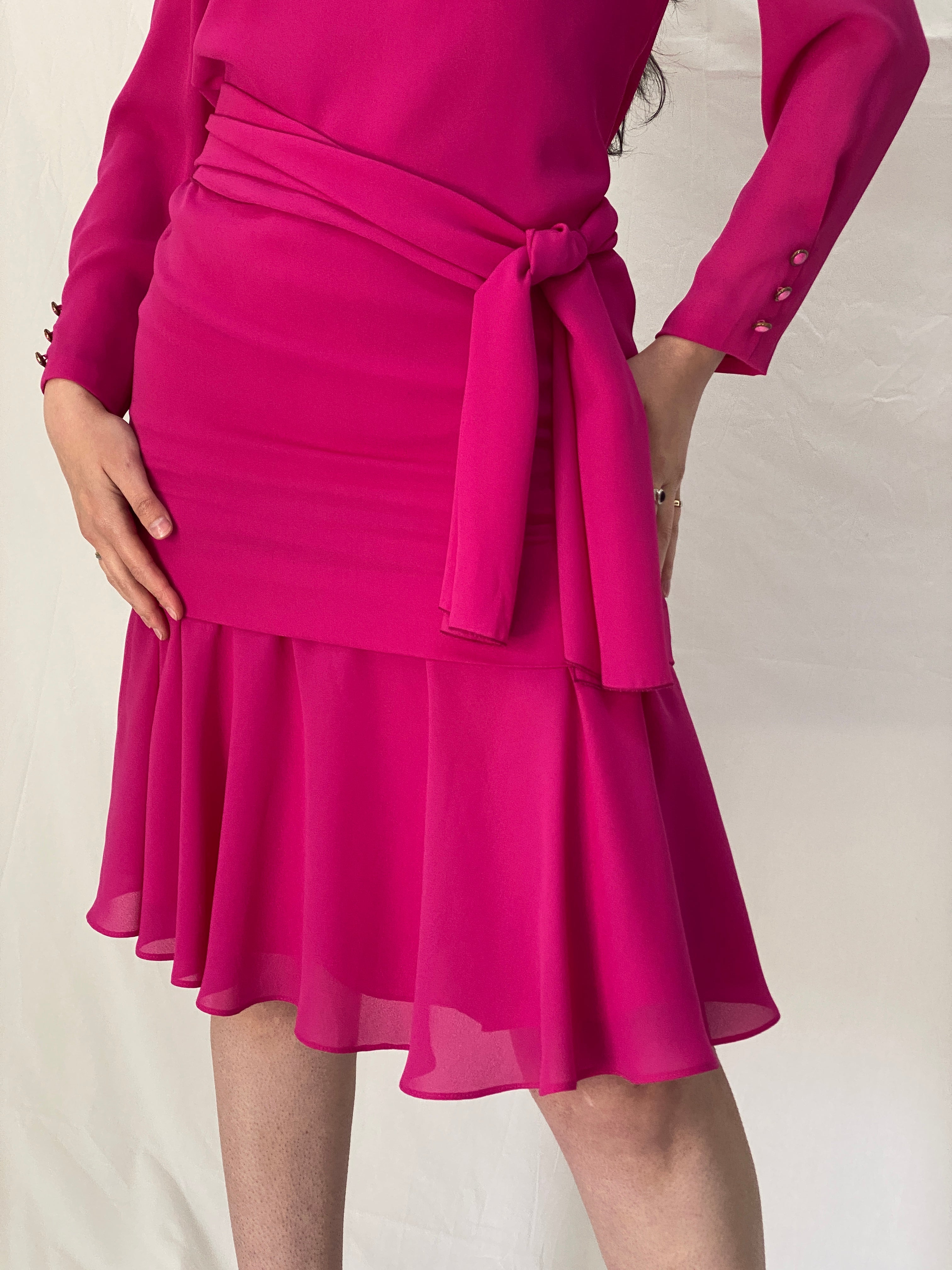 Vintage 80s Henry-Lee Hot Pink Statement Shoulder Mini Dress - S