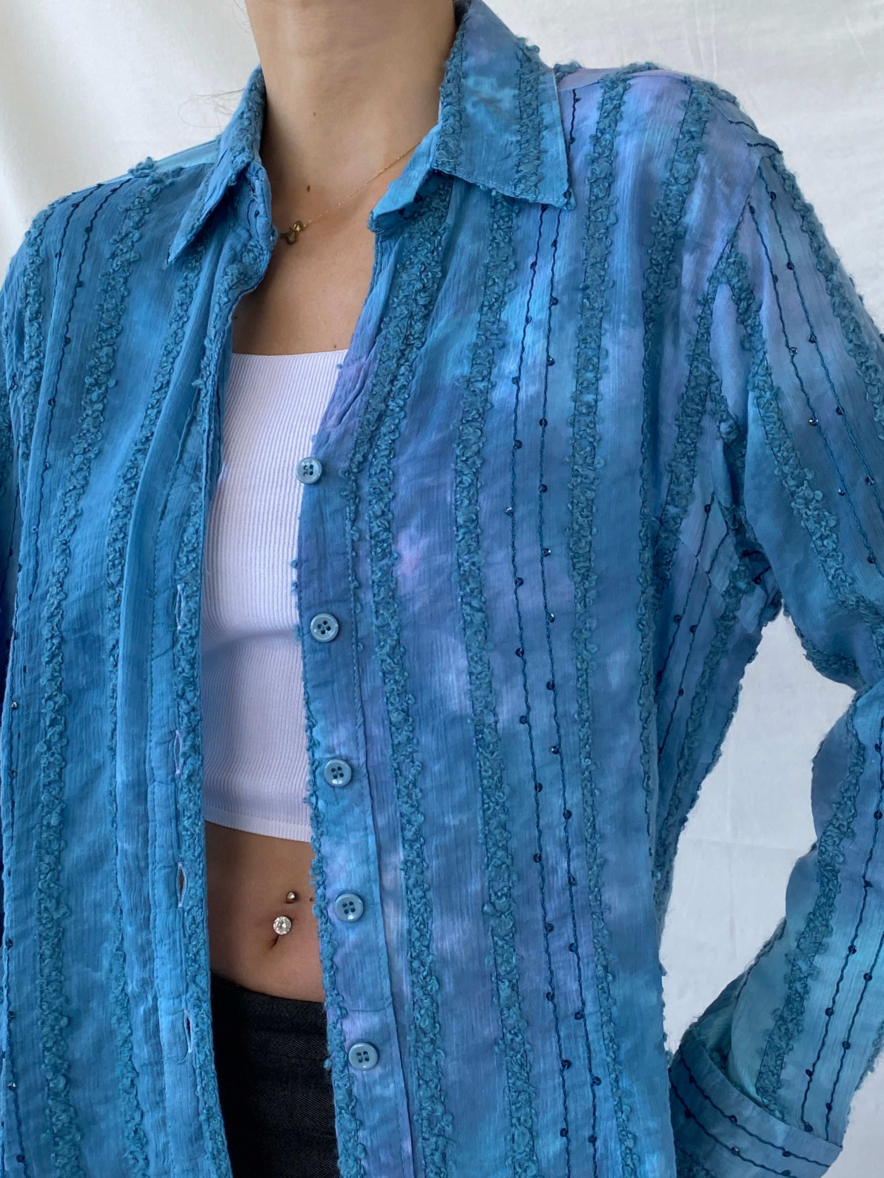 Vintage Tie-Dye Women’s Button Up Blue Sequin Cotton Shirt - M