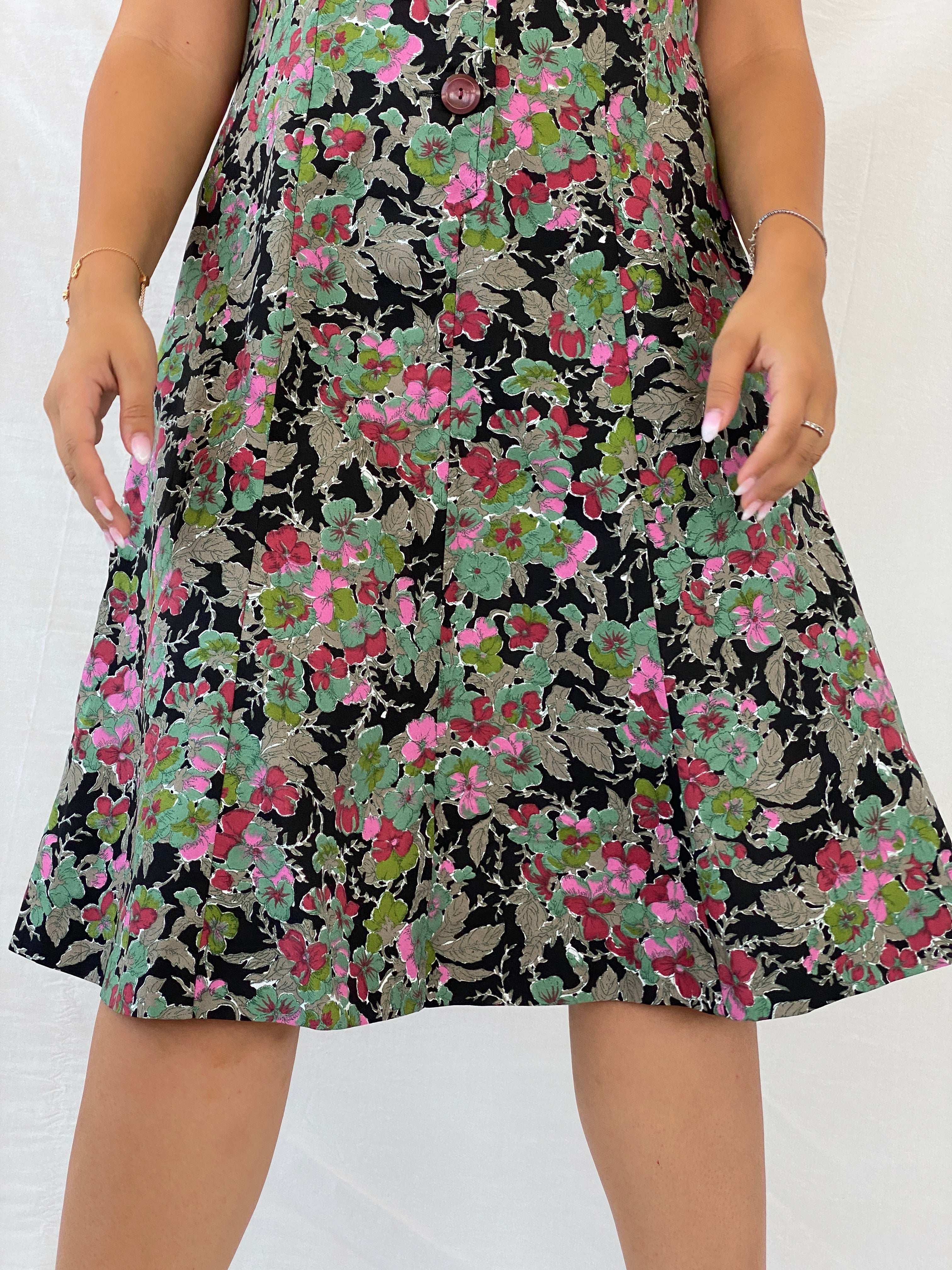 Vintage Handmade Floral Picnic Black and Green Midi Dress - L - Balagan Vintage Midi Dress 00s, 00s dress, 90s, Dina, dress, floral, floral dress, midi dress, NEW IN, summer dress