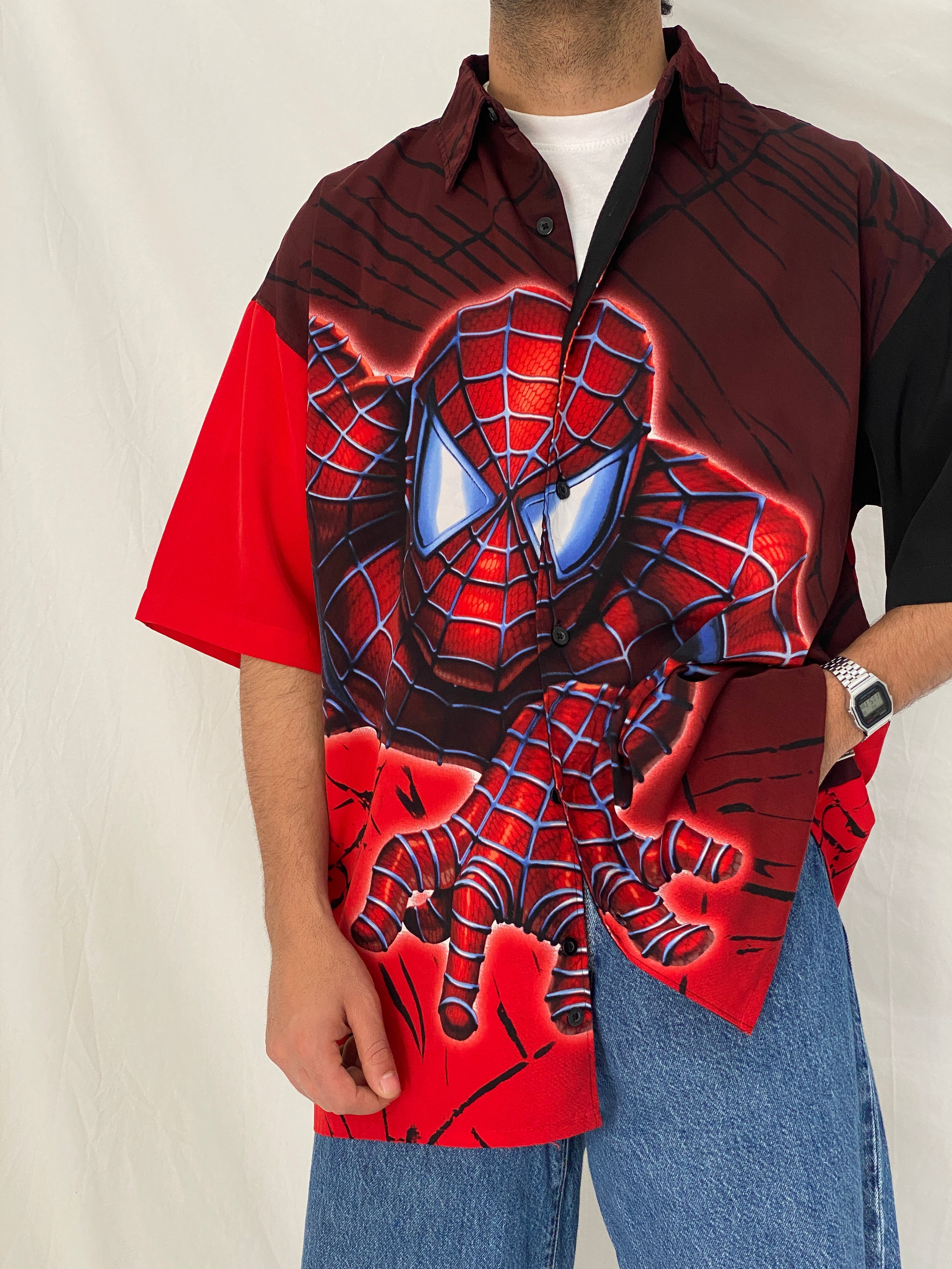 Vintage Y2K Spider-Man Graphic Button Up Red & Black Comic Shirt – L