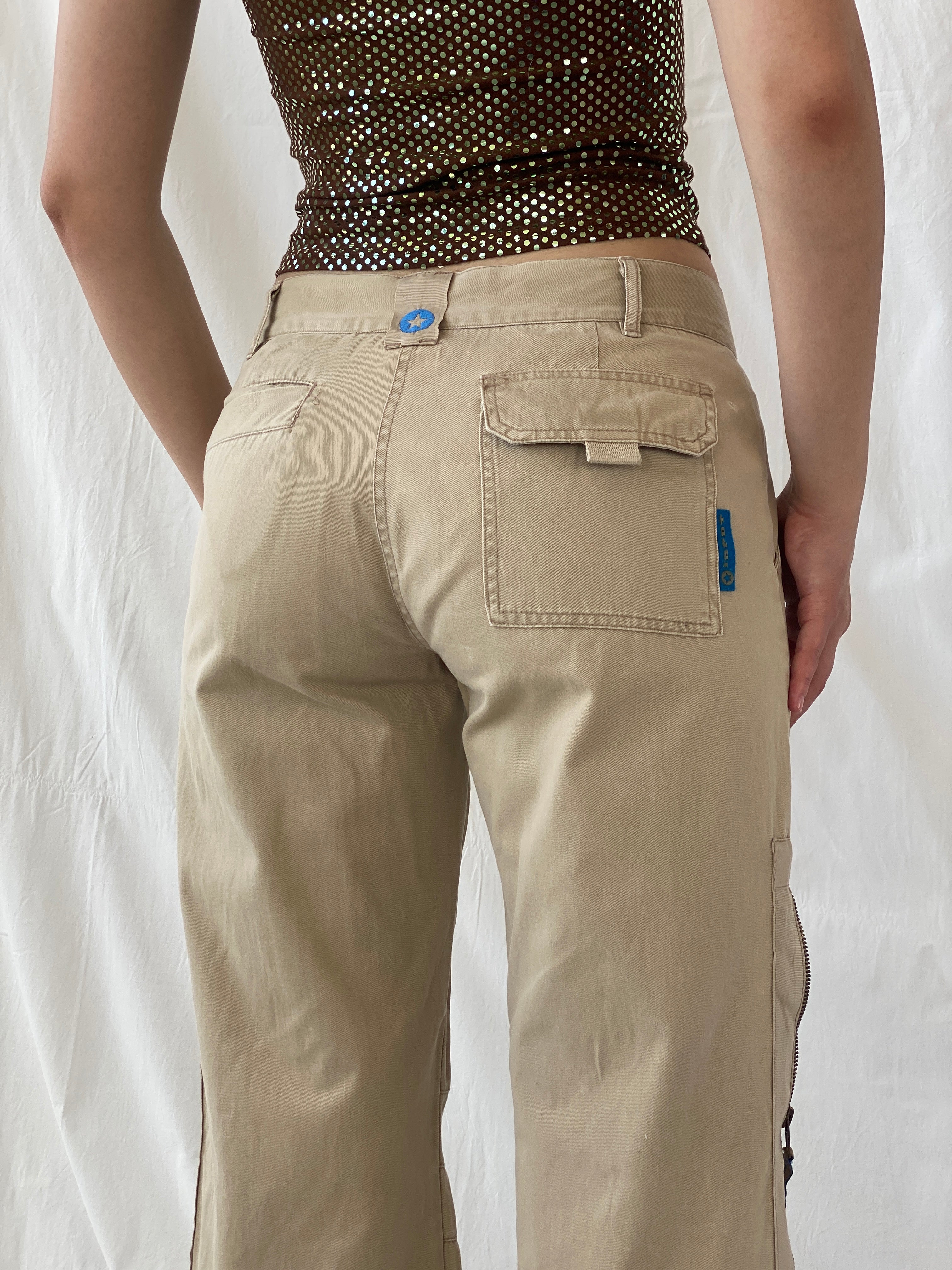 Y2K IDPDT Beige Low Rise Wide Leg Adjustable Length Cargo Pants - M