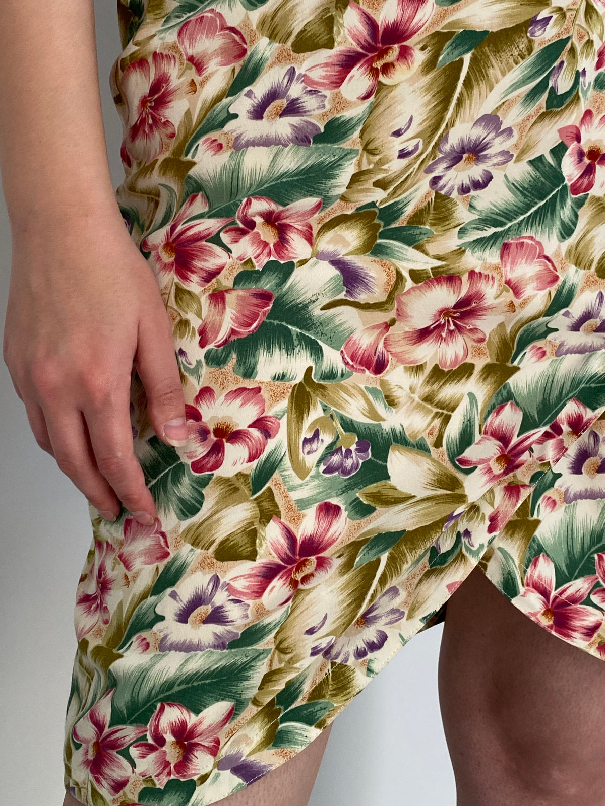 Vintage 90s Liz Claiborne Cream Rayon Tropical Floral Wrap-Style Dress - S