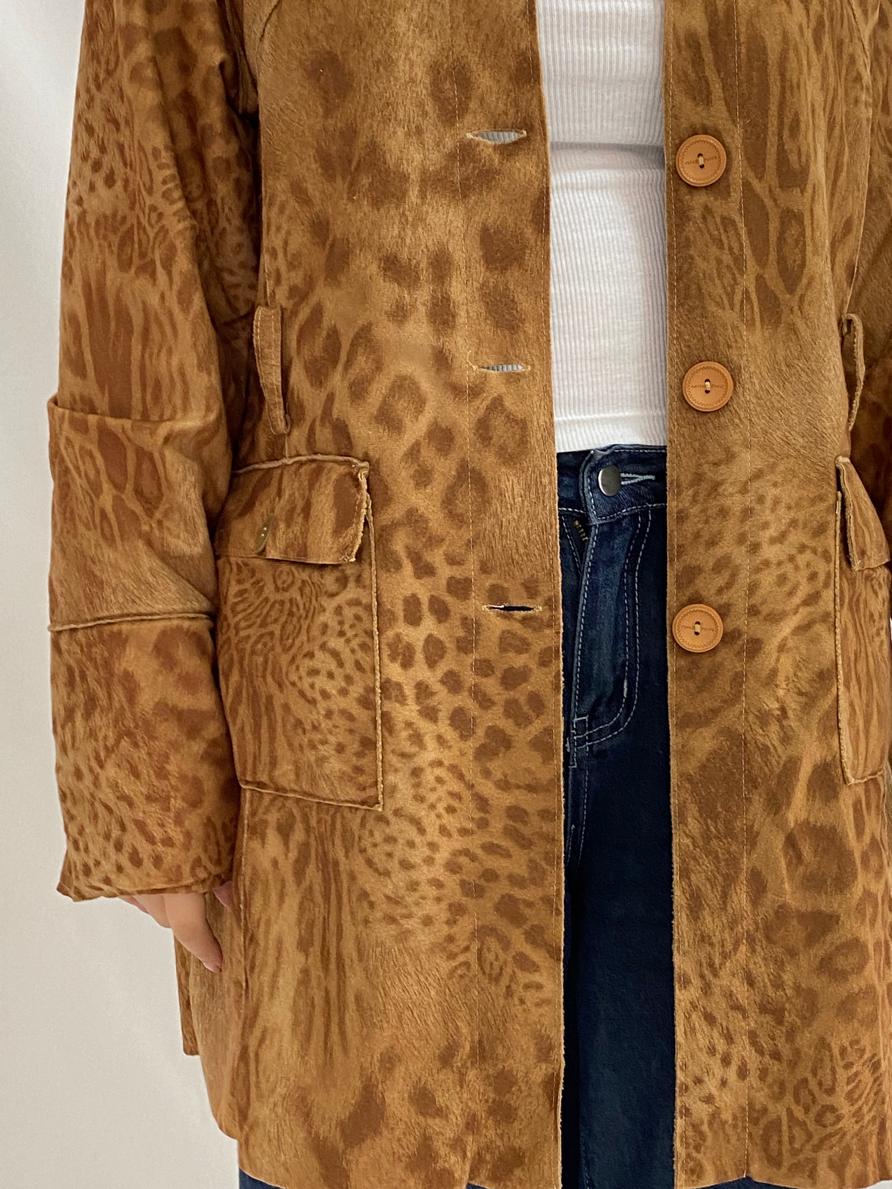 Vintage JIA YAO Leopard Print Faux Suede Longline Light Coat Button-Up Jacket – XL