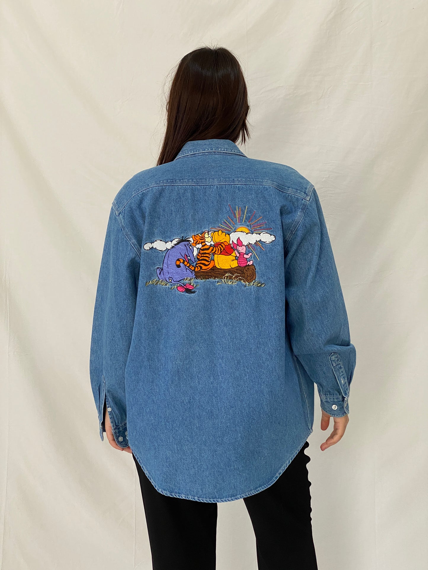 Vintage Disney Store Oversized Denim Shirt Embroidered Sun Cloud Patch Button Up Shirt - S
