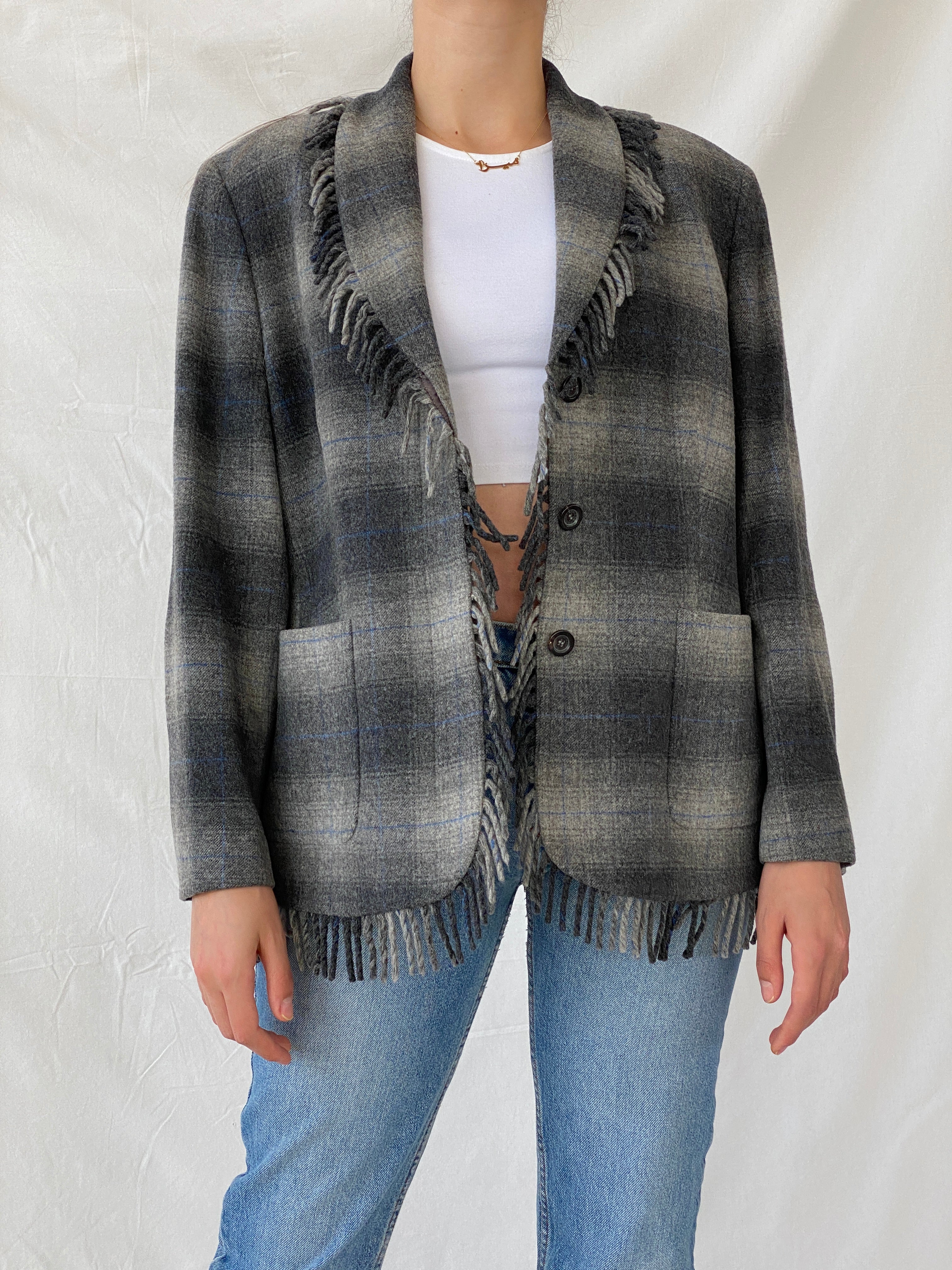 Beautiful ESCADA Sport Gray Wool Plaid Fringed Hem Blazer - XL