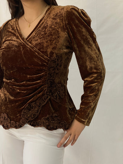 Vintage GEORGEDÉ Paris Brown Crushed Velvet Top Puff Sleeve Wrap Ruched Blouse - M