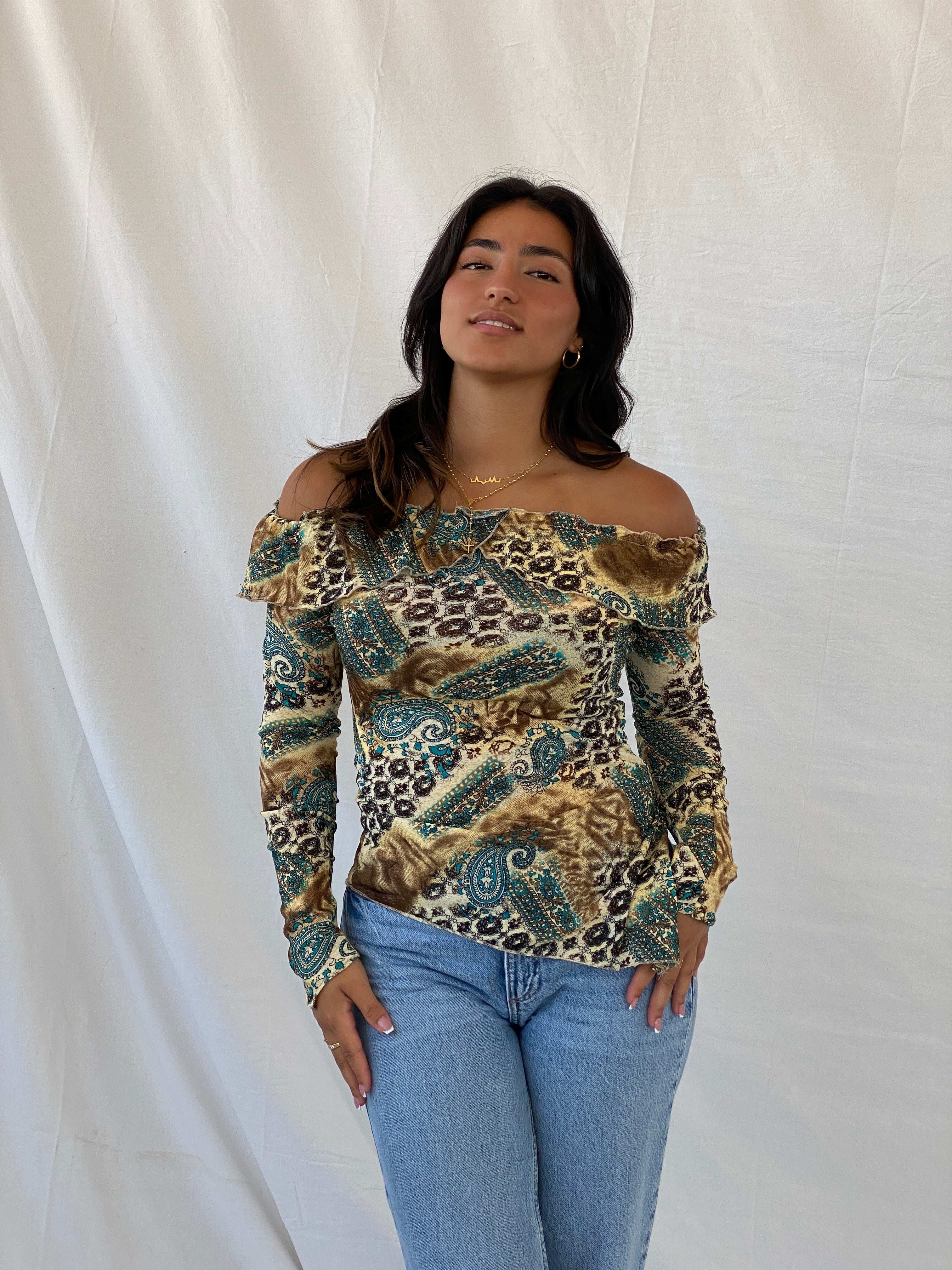 Vintage Gruppo Moda Beige and Blue Floral Off-Shoulder Top - S - Balagan Vintage Full Sleeve Top 90s, floral, floral mesh, floral print, Lana, mesh, mesh top, NEW IN