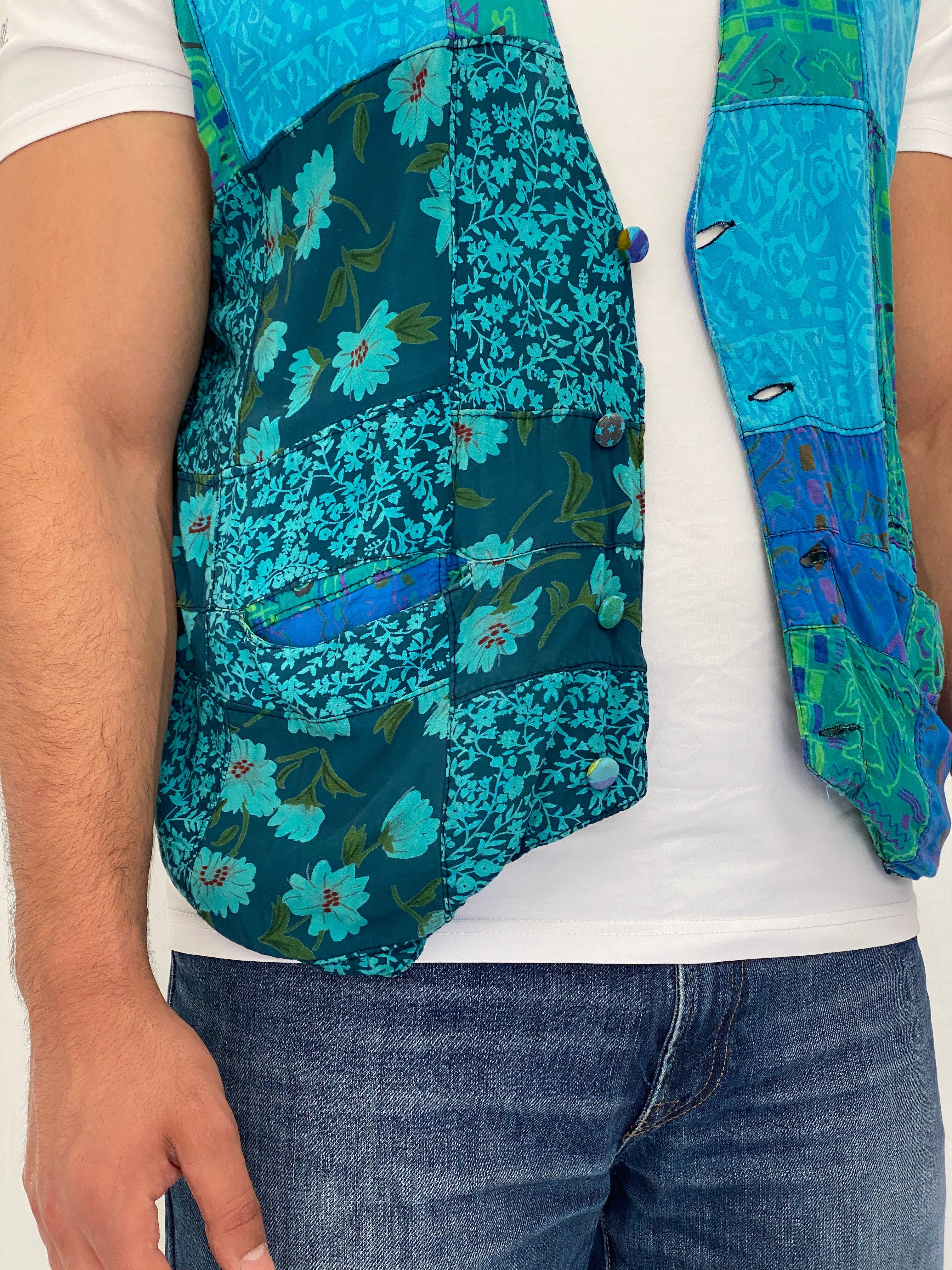 Vintage 90s Nativewear Designs Blue Green Patchwork Boho Festival Vest – XL