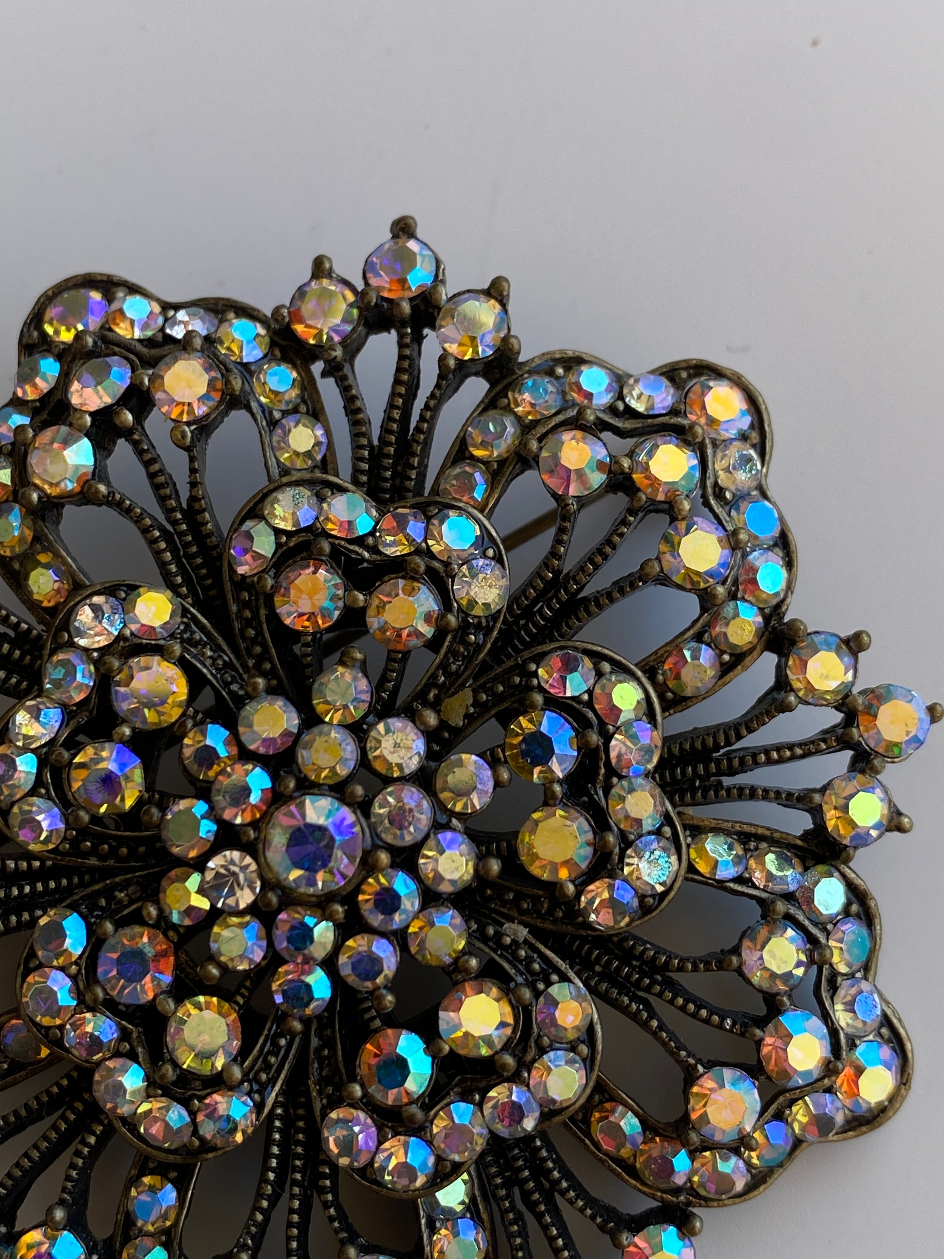 Vintage Aurora Borealis Rhinestone Bronze Floral Statement Brooch