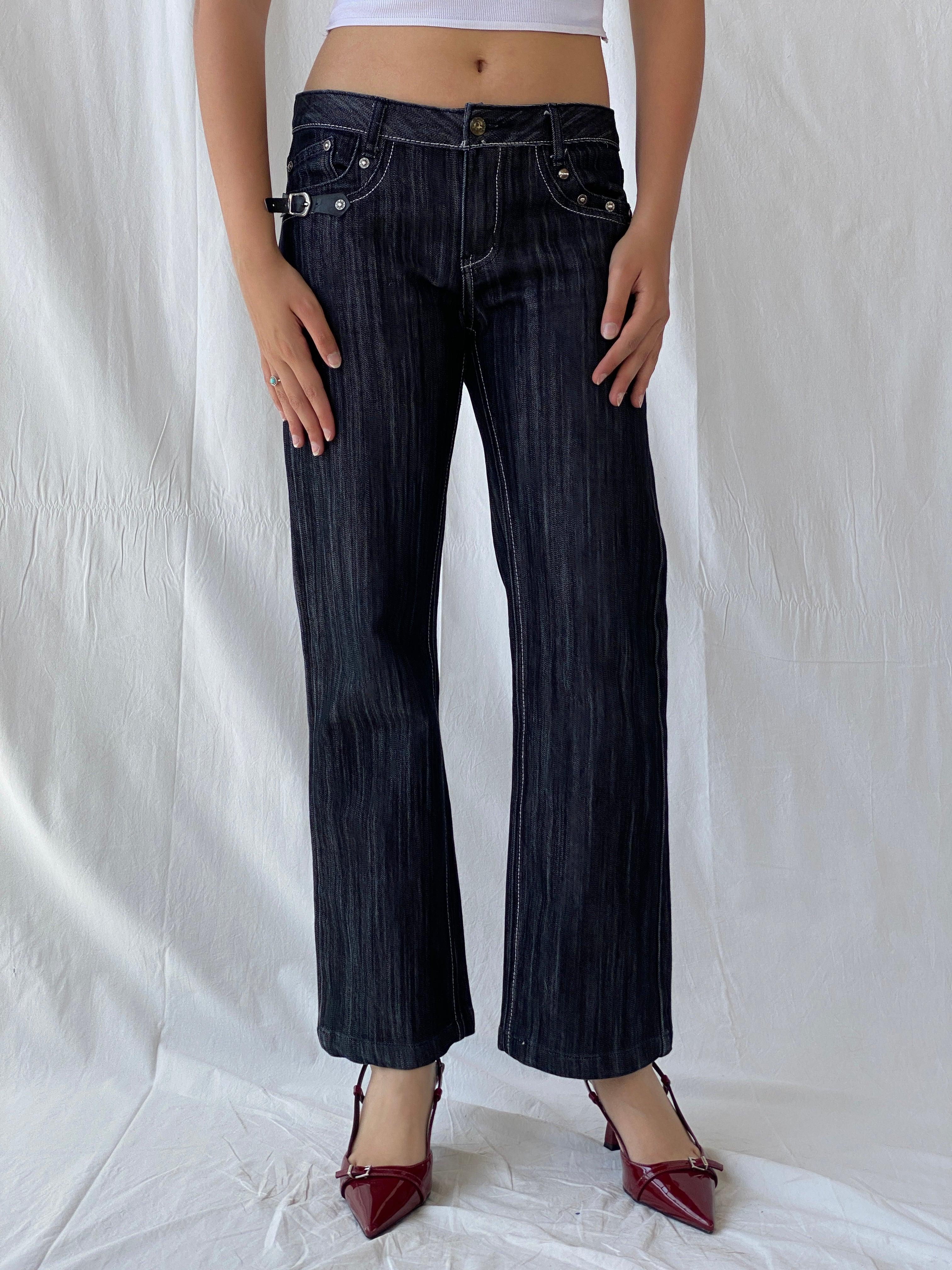 Vintage Y2K Platinum Grunge Dark Wash Low Rise Straight Cut Jeans - 38EUR