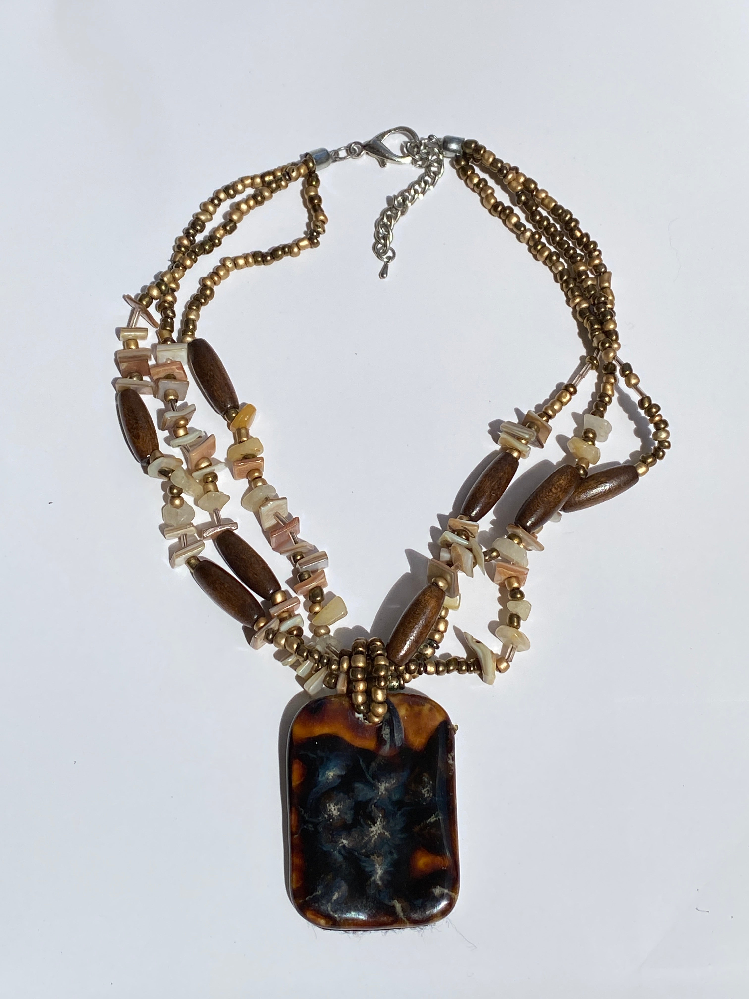 Vintage Boho Wood Shell Faux Tortoiseshell Pendant Necklace