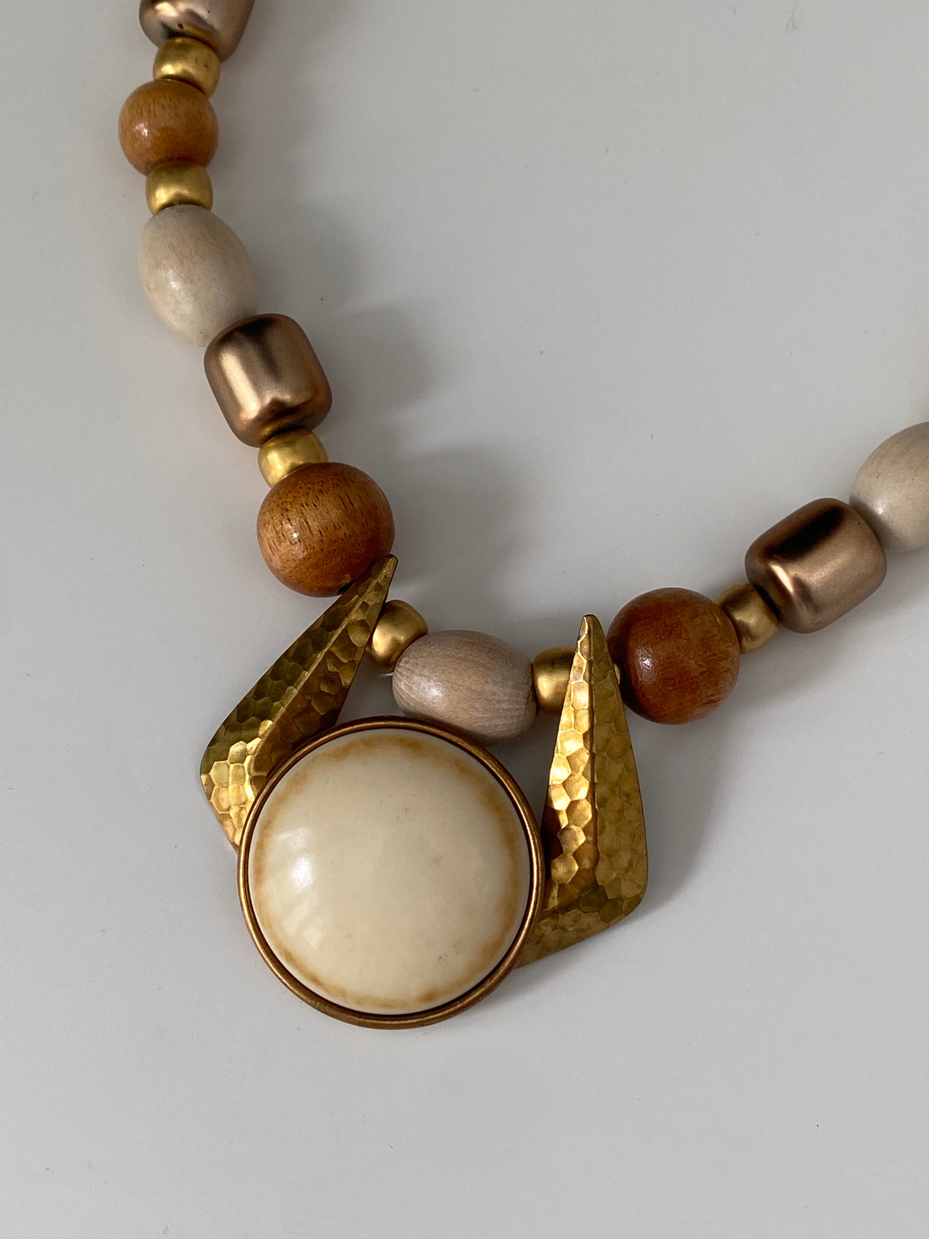 Vintage 90s Wood Bead Statement Necklace – Neutral Tones Gold Accents Pendant Necklace
