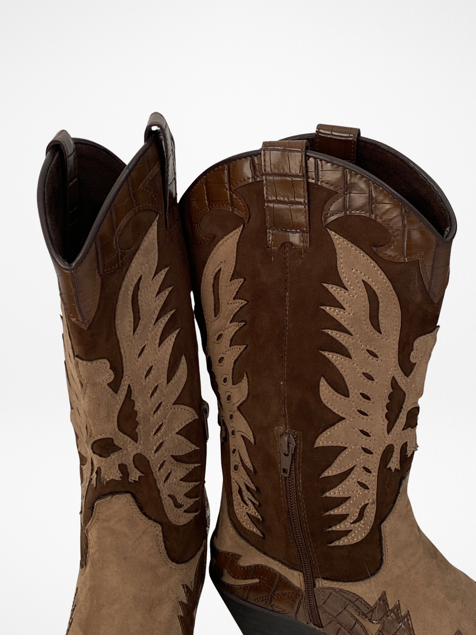 Corina Western Cowboy Boots Brown Croc Embossed & Suede Statement Festival Boots - EU 41