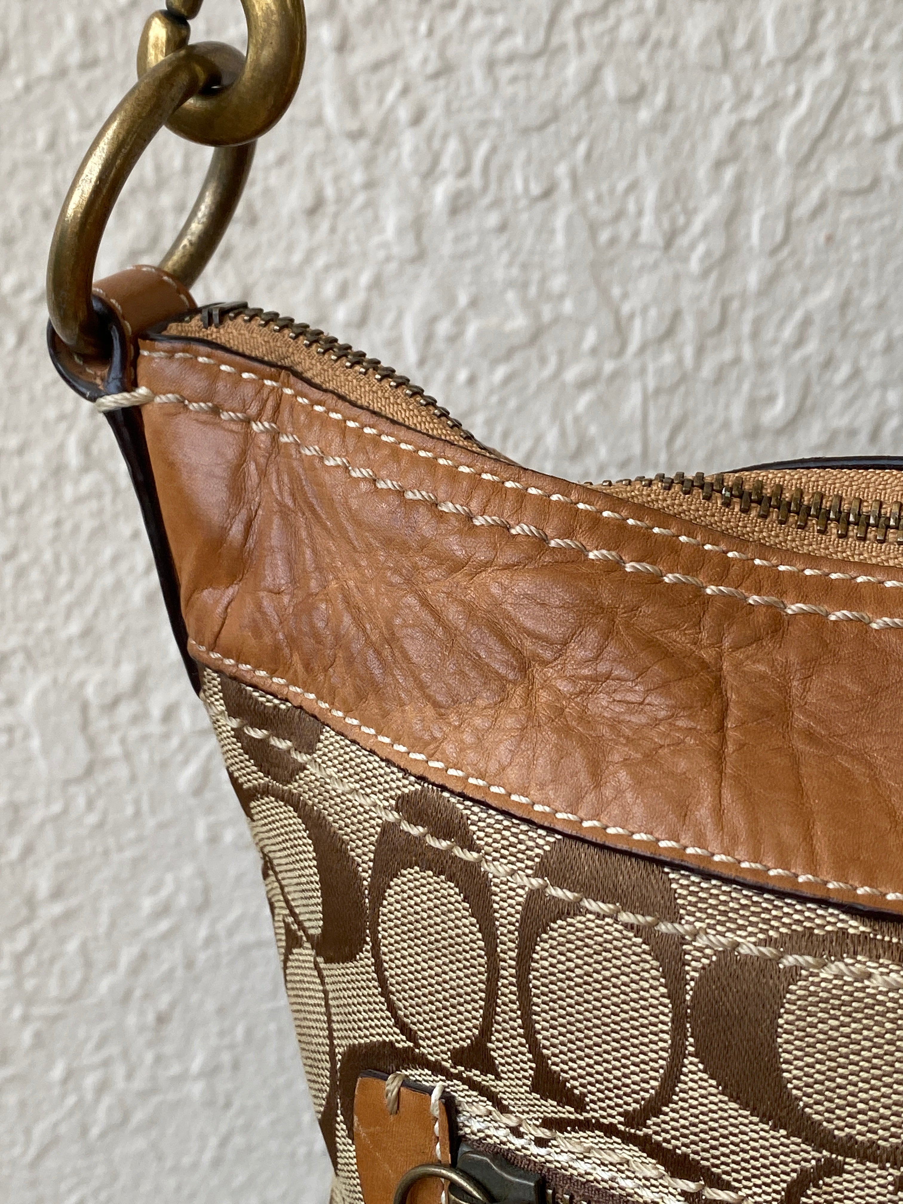 Vintage 2000s Coach Signature Monogram Canvas Shoulder Bag Brown & Tan Leather Trim