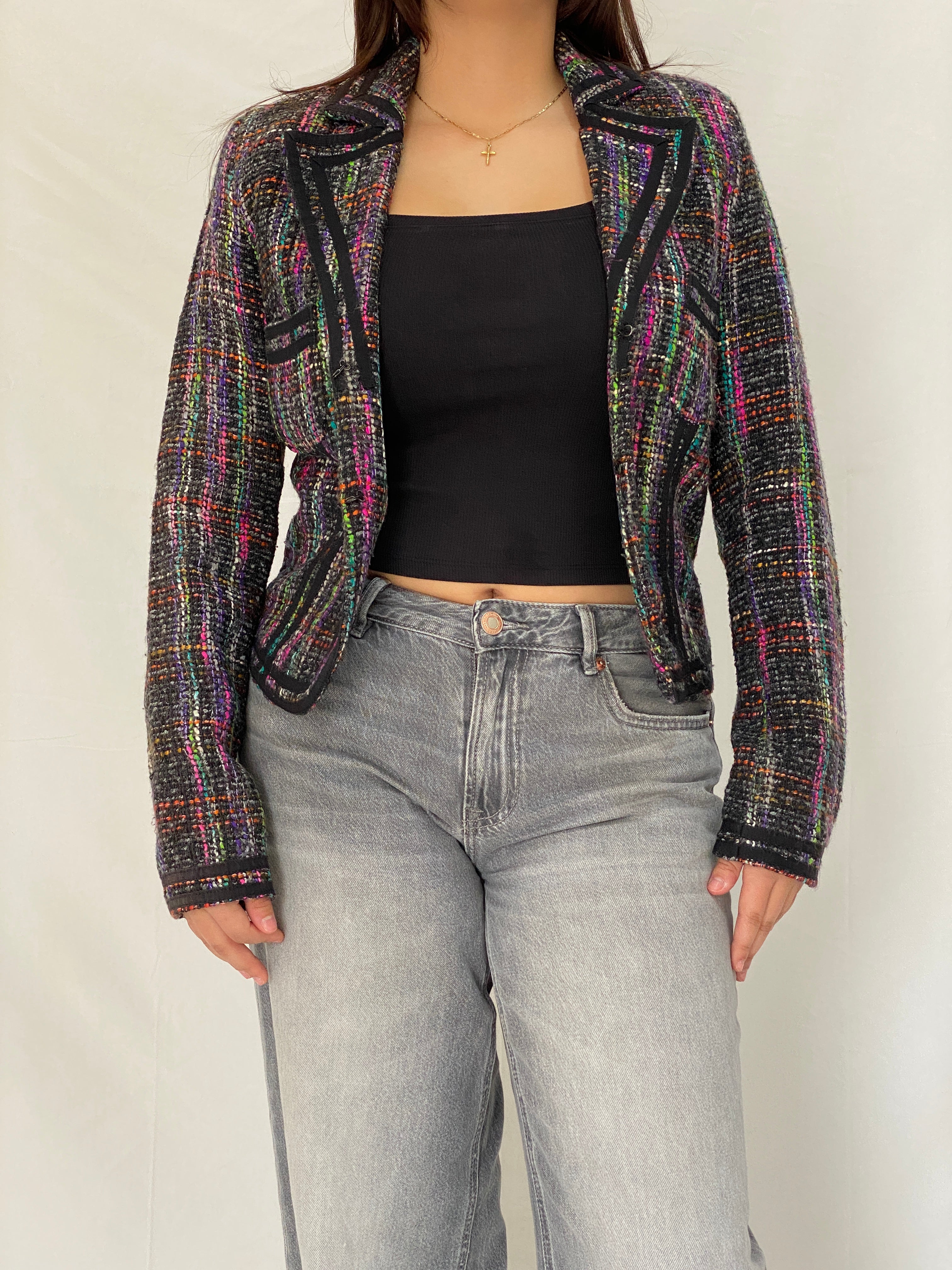 Vintage Knitted Multicolor Cropped Tweed Blazer With Black Trim - M