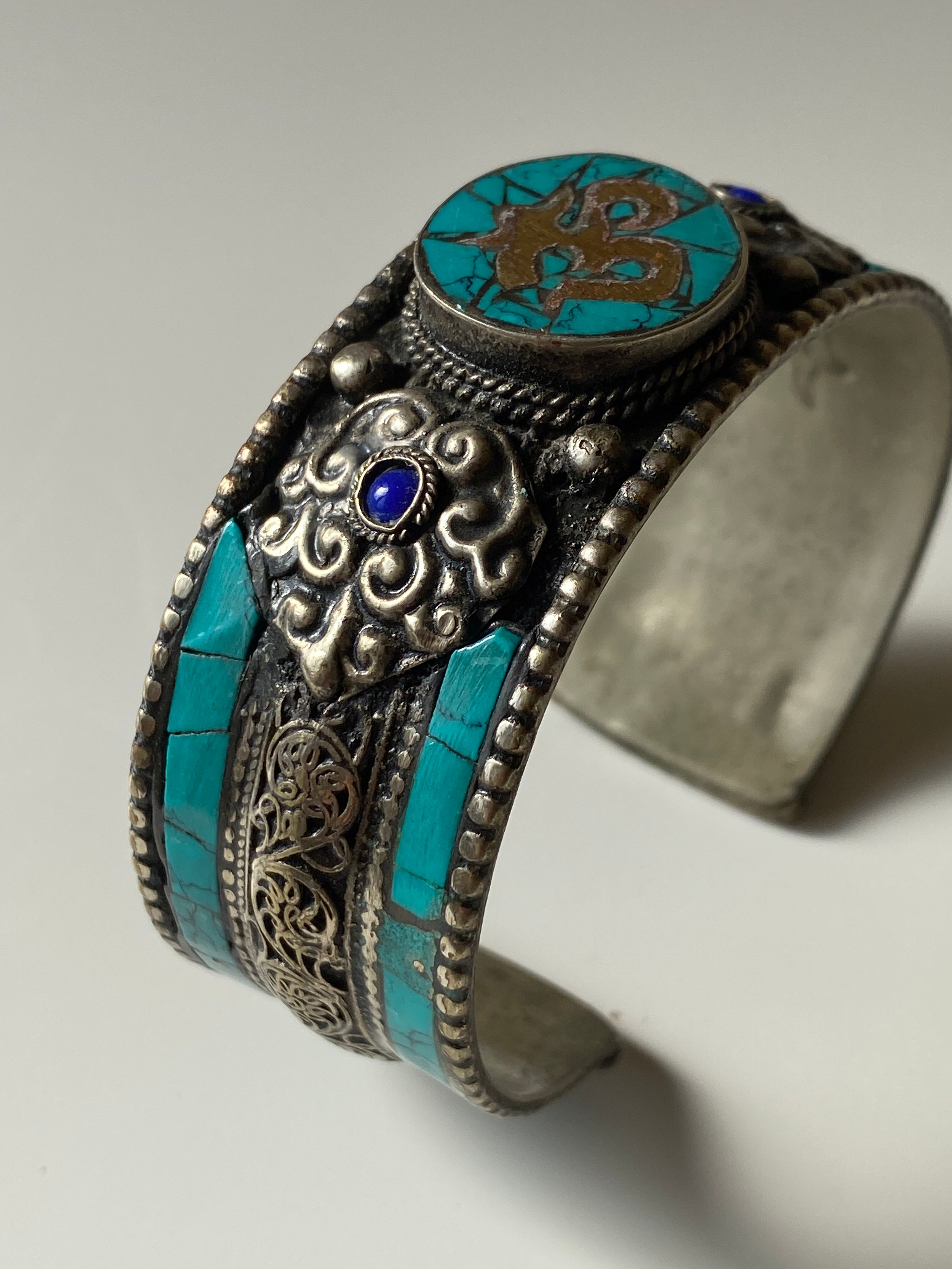 Vintage Tibetan Turquoise Om Cuff Silver Tone Dragon Engraved Bracelet