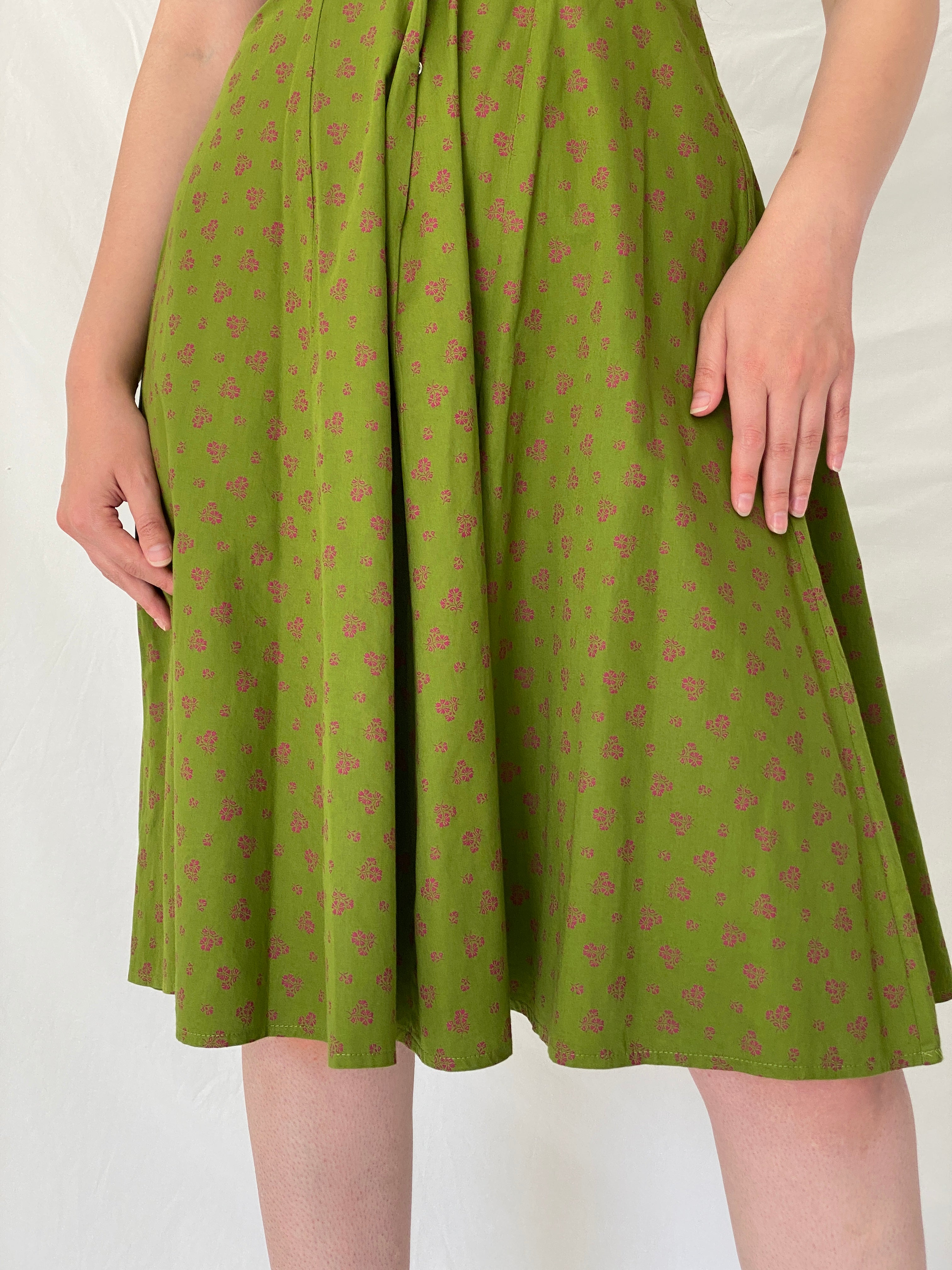 Vintage German Daller Tracht Green Cotton Floral Dirndl Folk Dress – S