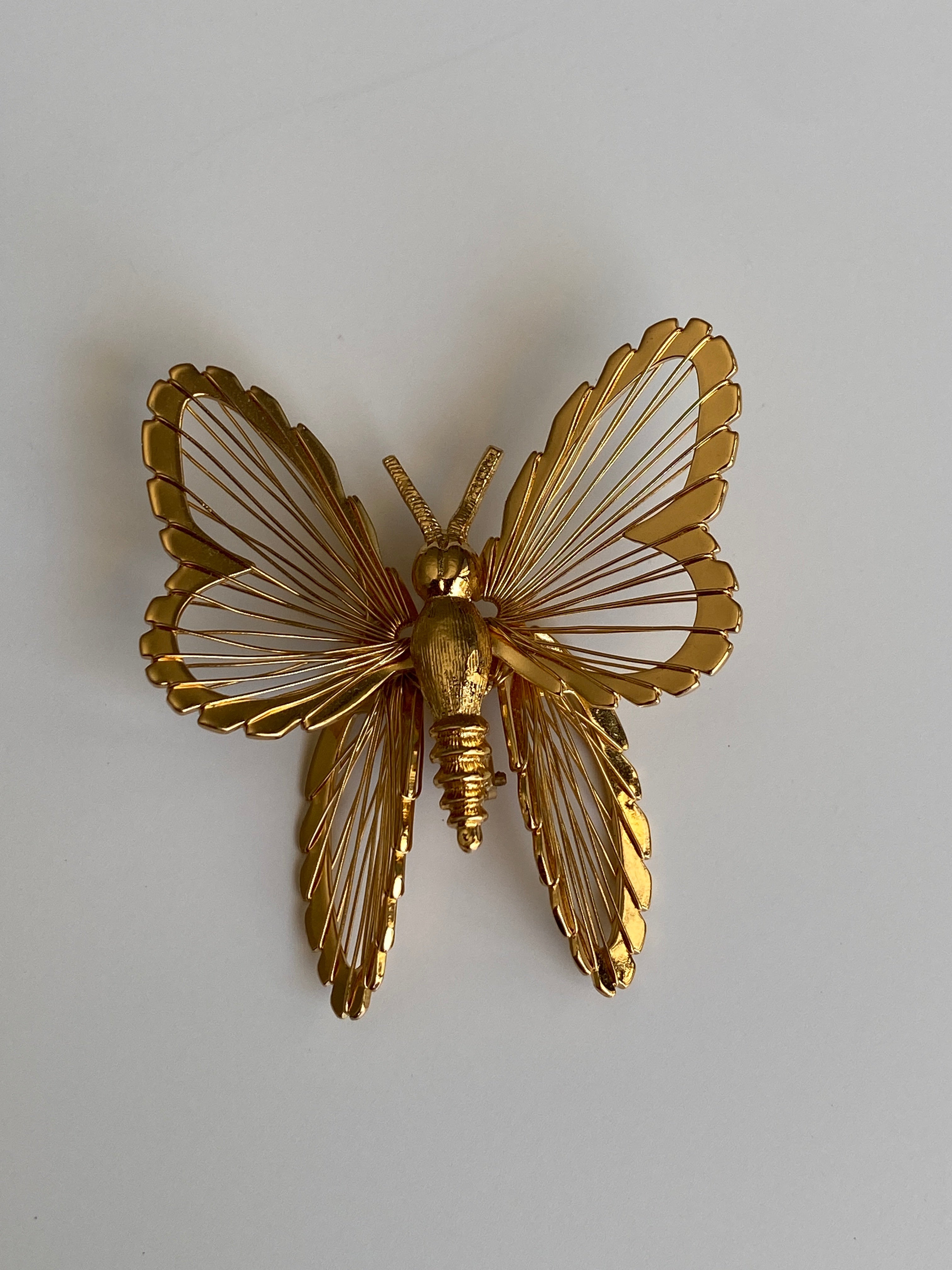 Vintage Monet Gold Tone Openwork Wire Butterfly Brooch Sculptural Pin