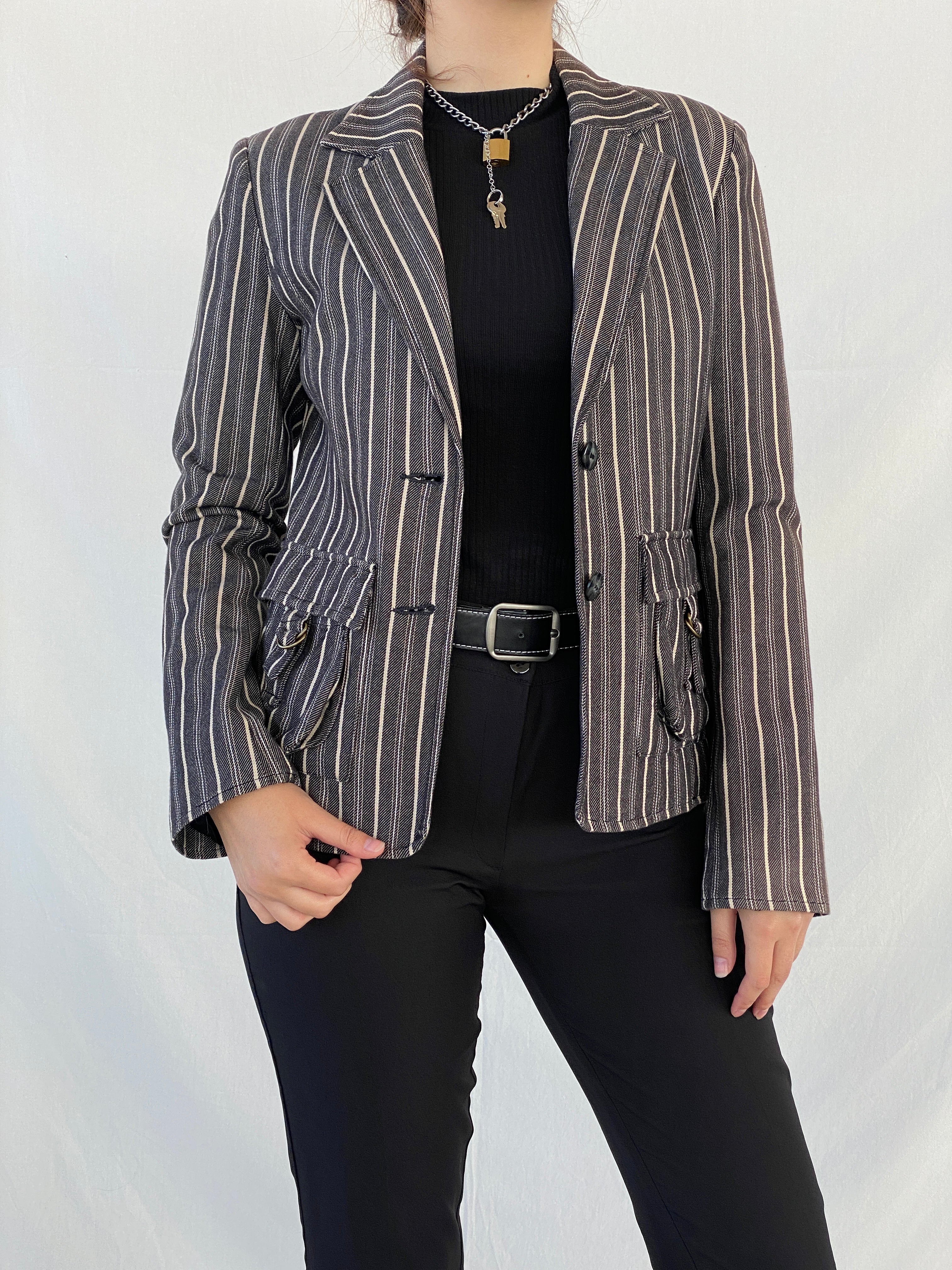 00s Vila Clothes Striped Black and White Women’s Cotton Blazer - L