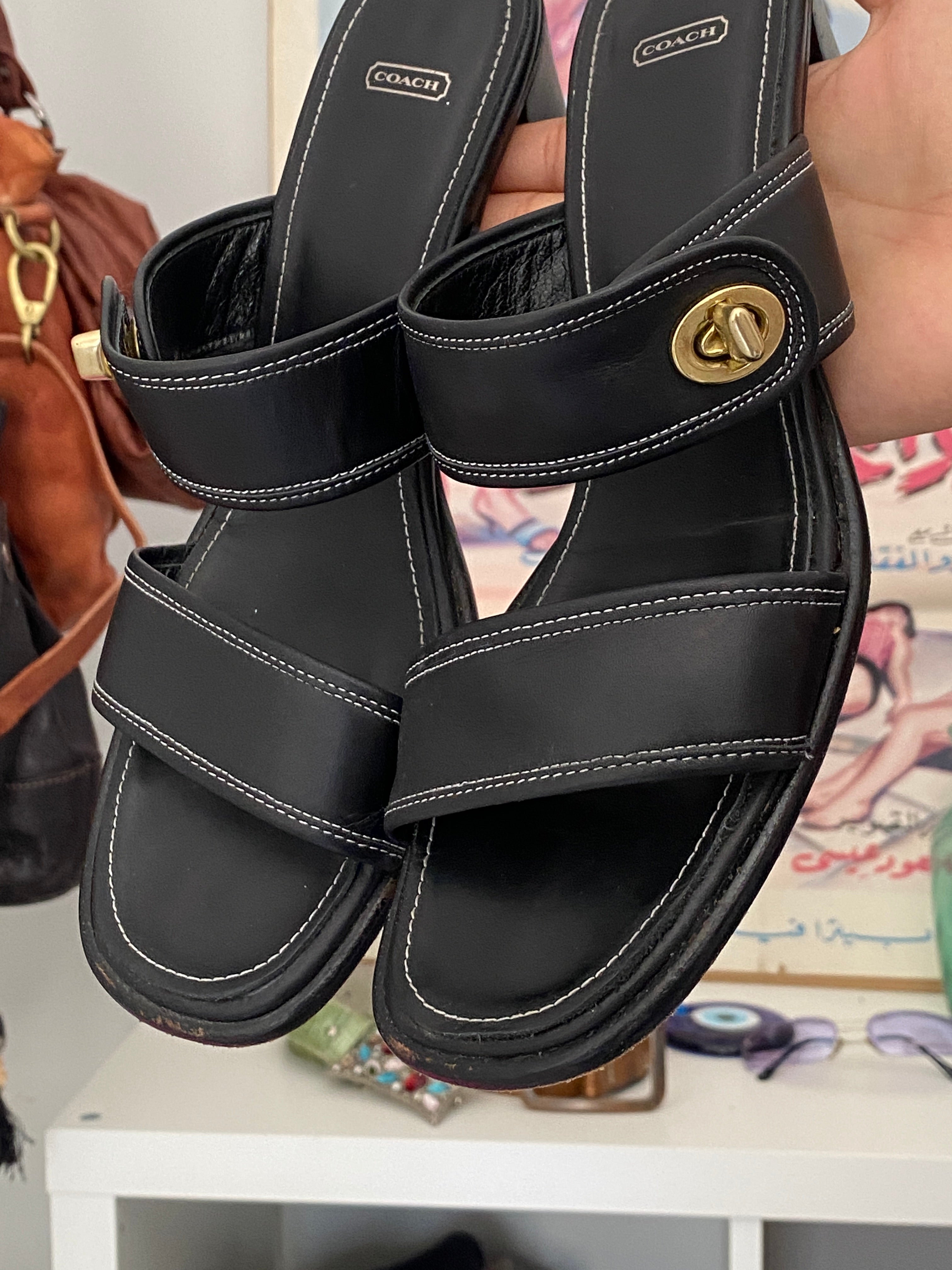 Vintage Coach Molly Black Leather Turnlock Block Heel Sandals - 38.5 EU