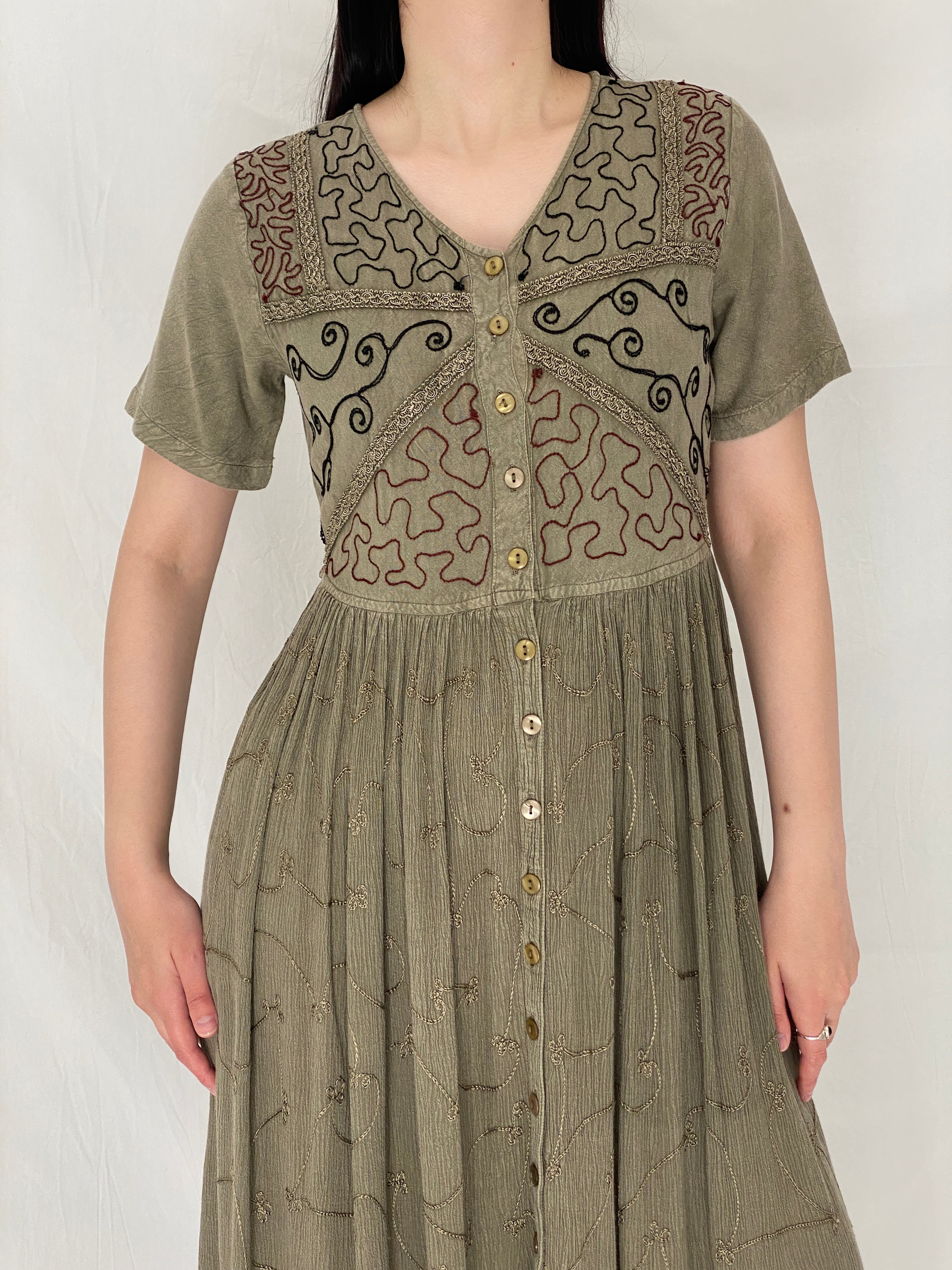 Vintage 90s Olive Embroidered Boho Rayon Blend Button Midi Dress – M