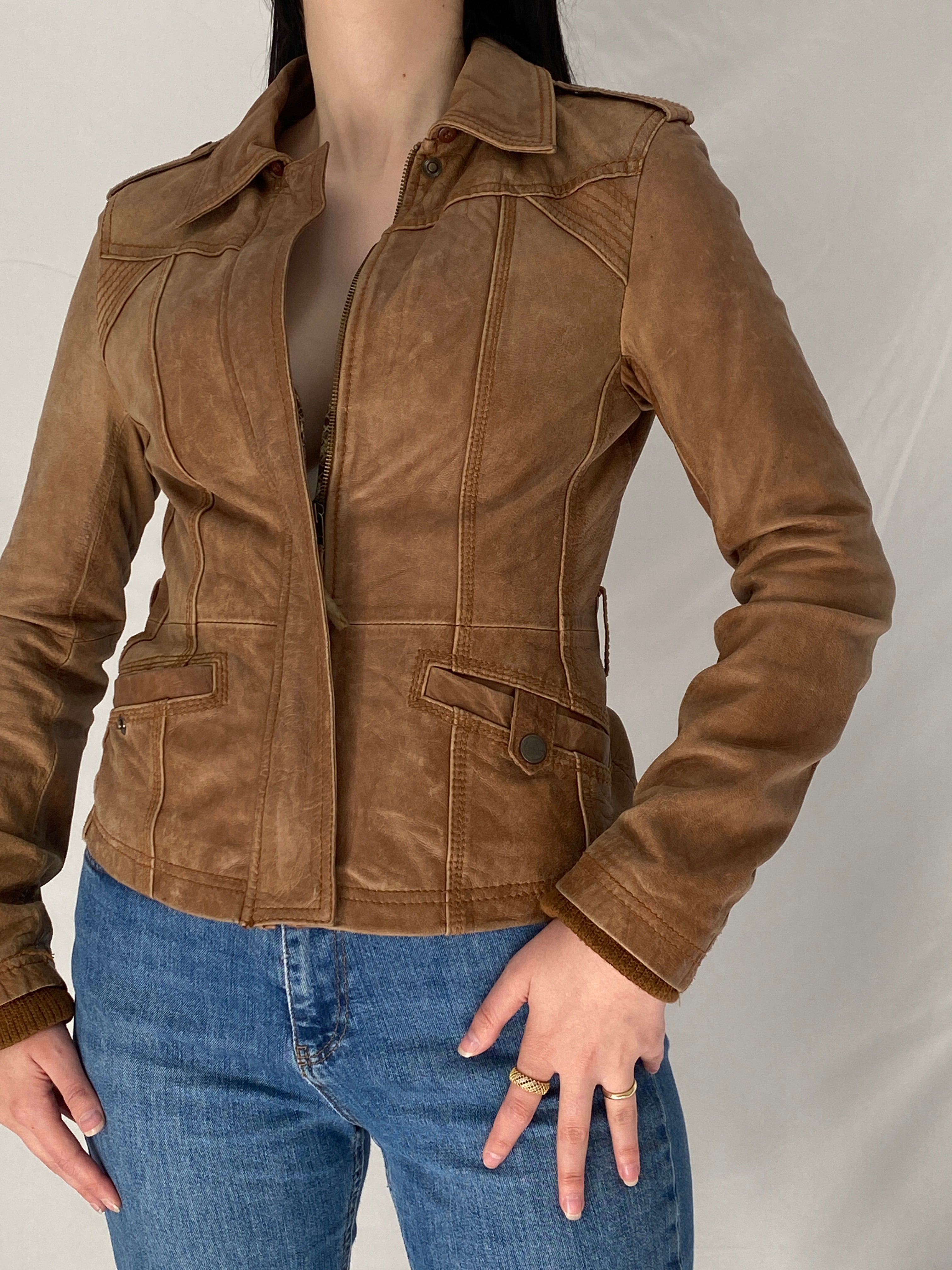Vintage Y2K Stradivarius Brown Real Leather Moto Fitted Jacket - S