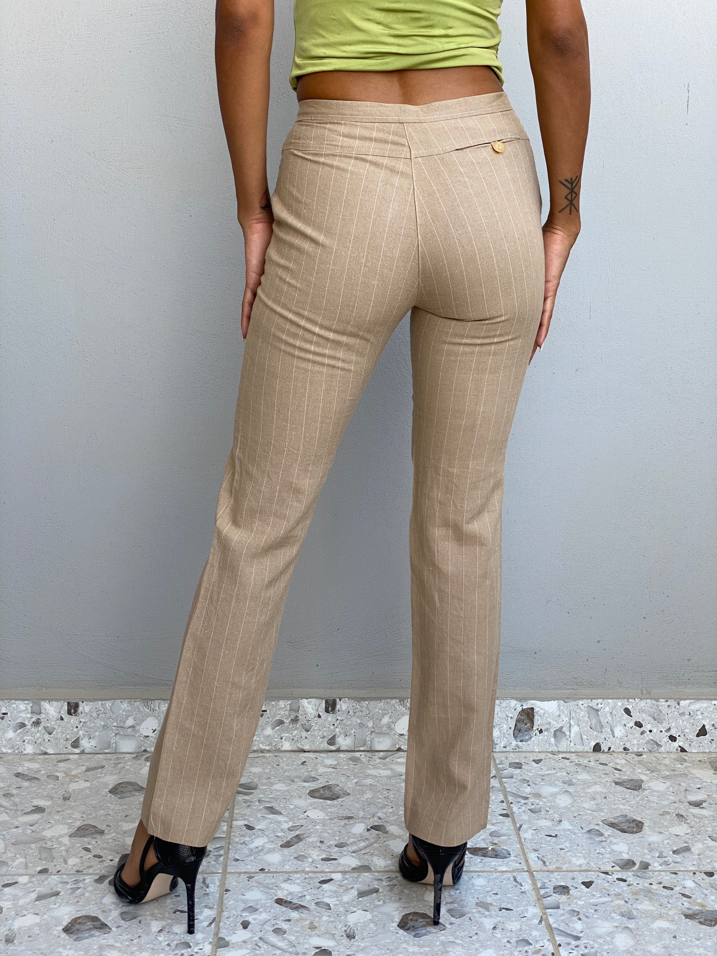 Vintage Y2K La City Paris Beige Pinstripe Low-Rise Straight Leg Trousers - XS