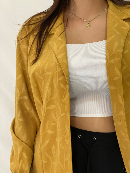 Vintage Vunic Mustard Yellow Leaf Print Blouse Long Sleeve Button Up Golden Hour Style Shirt - XL