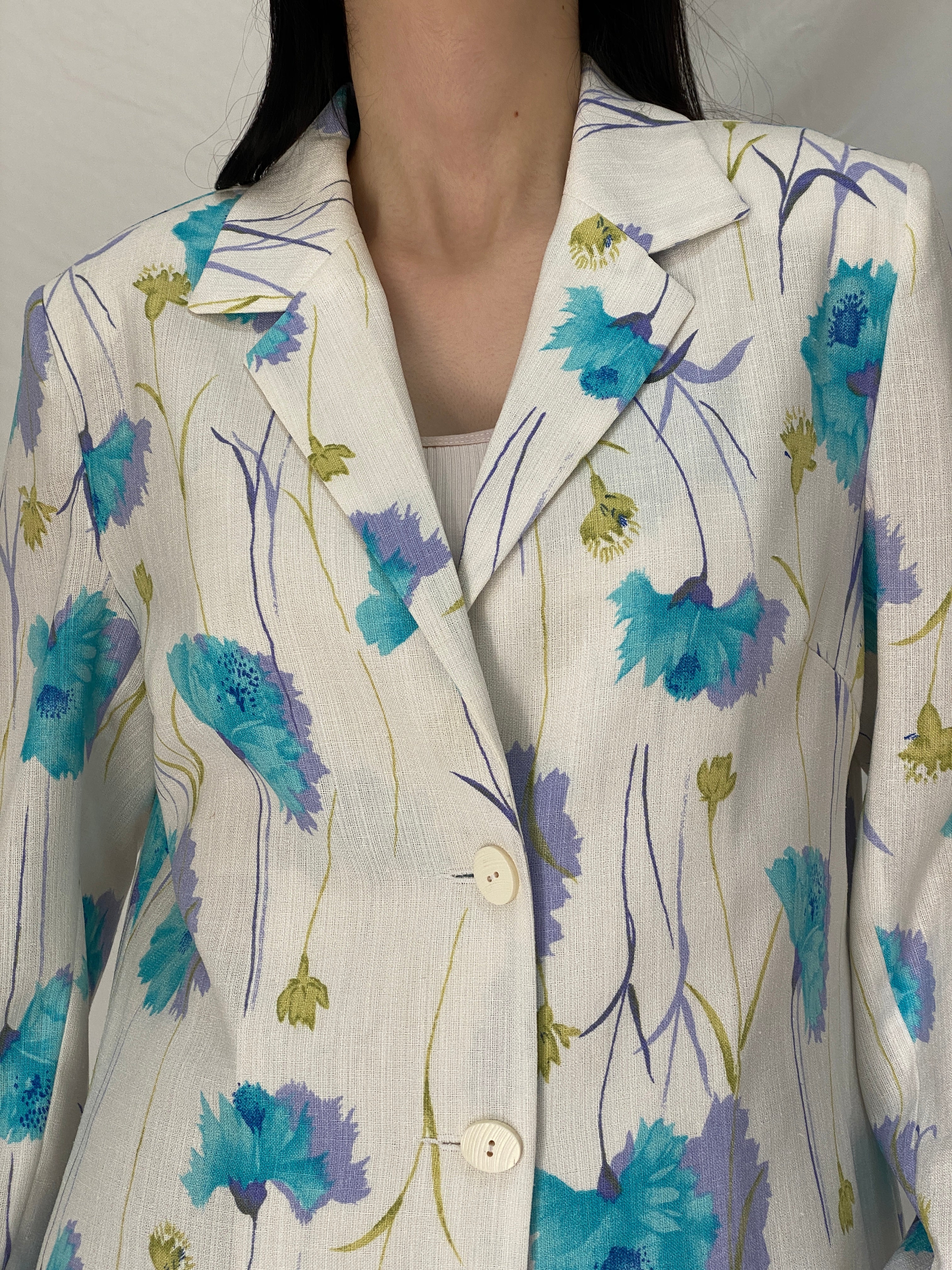 Vintage As Niobe New Line by ASM Floral Long Blazer 90s Blue Botanical Tailored Jacket - M
