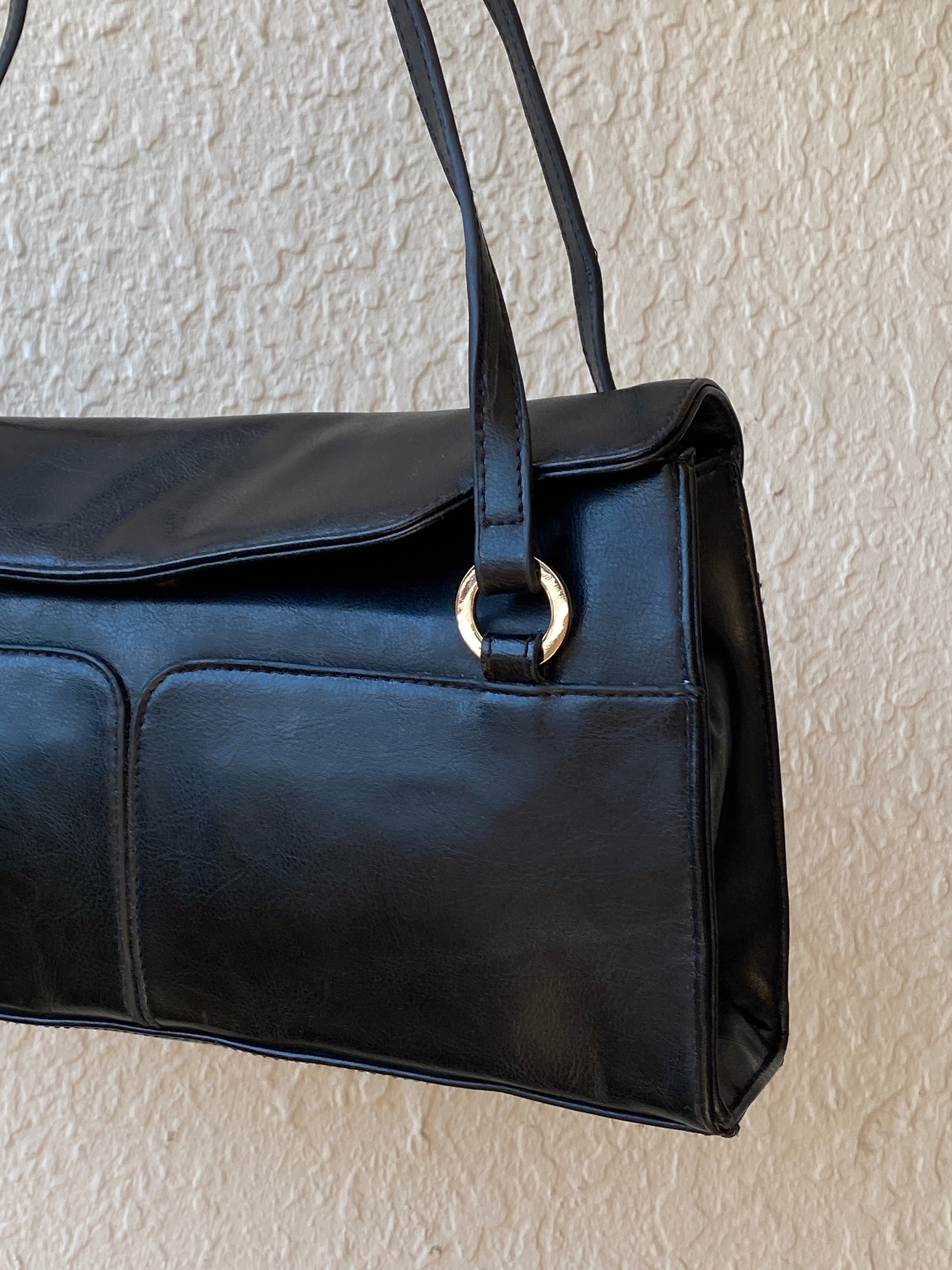 Vintage 90s Black Minimalist Double Pocket Shoulder Bag