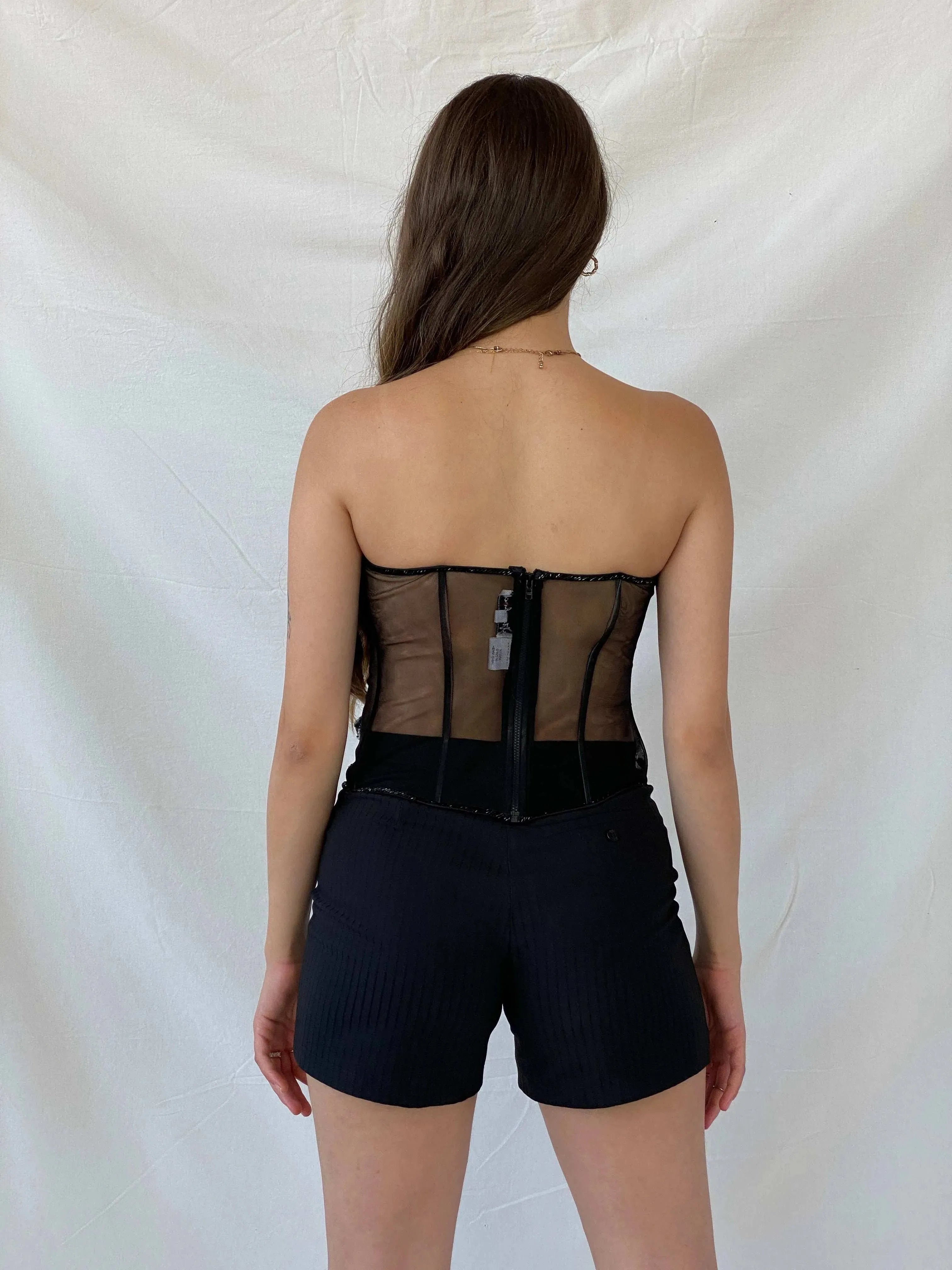 90s Aftershock Black Beaded Party Boned Semi Sheer Corset - S - Balagan Vintage Corset 00s, consignment, corset, Deals, Mira, Sadouf, shimmer, sleeveless top, women top