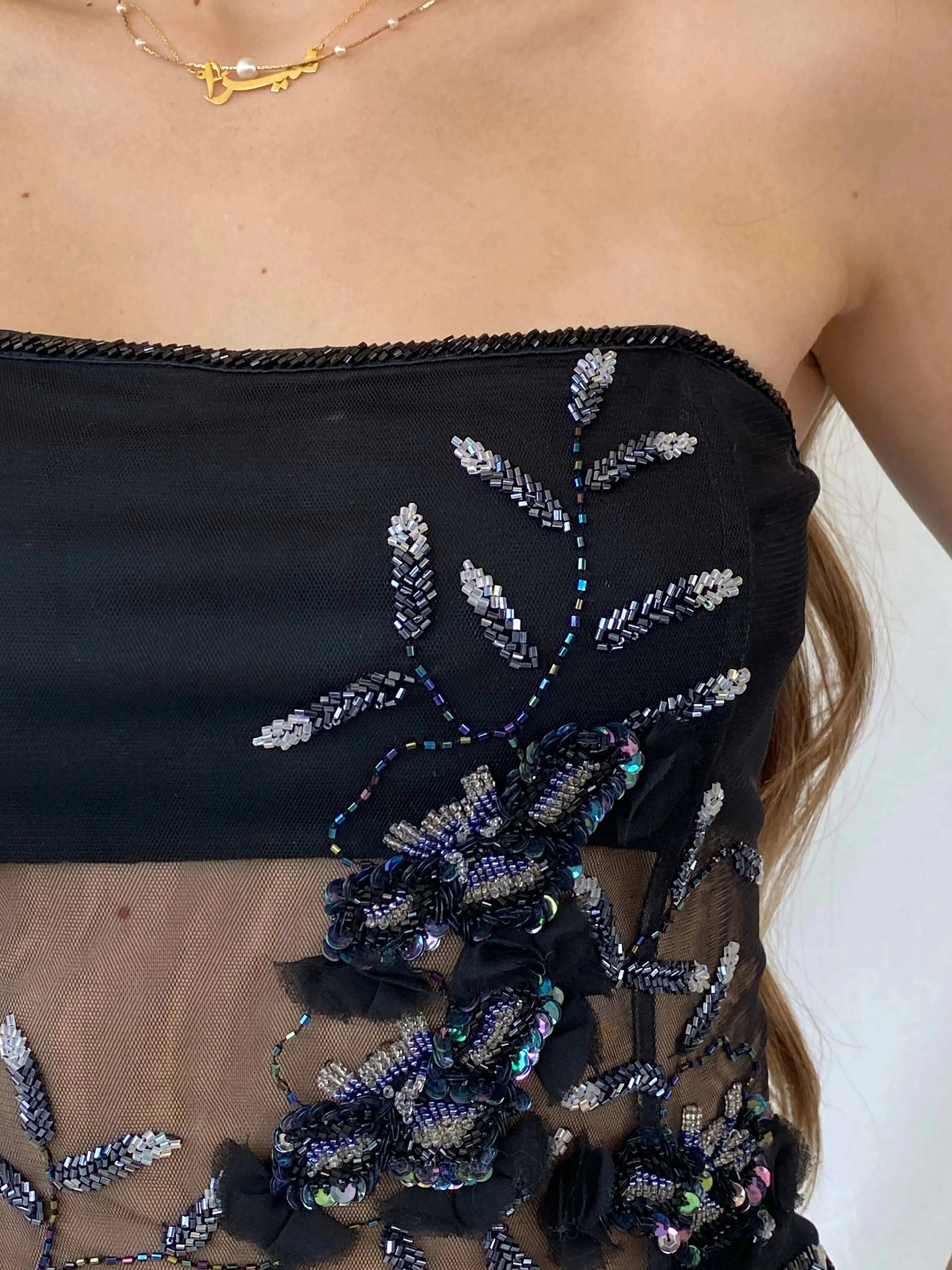 90s Aftershock Black Beaded Party Boned Semi Sheer Corset - S - Balagan Vintage Corset 00s, consignment, corset, Deals, Mira, Sadouf, shimmer, sleeveless top, women top