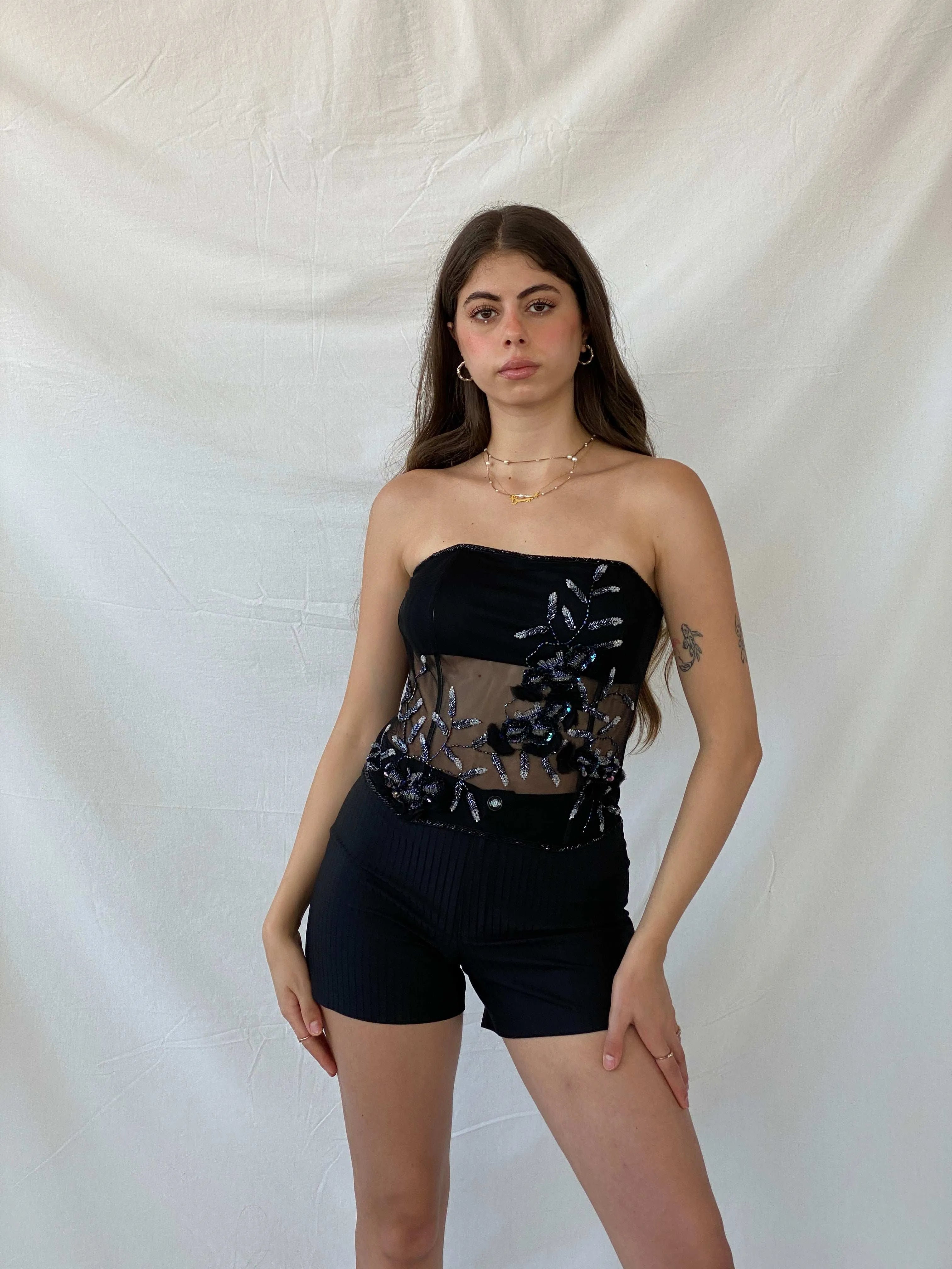 90s Aftershock Black Beaded Party Boned Semi Sheer Corset - S - Balagan Vintage Corset 00s, consignment, corset, Deals, Mira, Sadouf, shimmer, sleeveless top, women top
