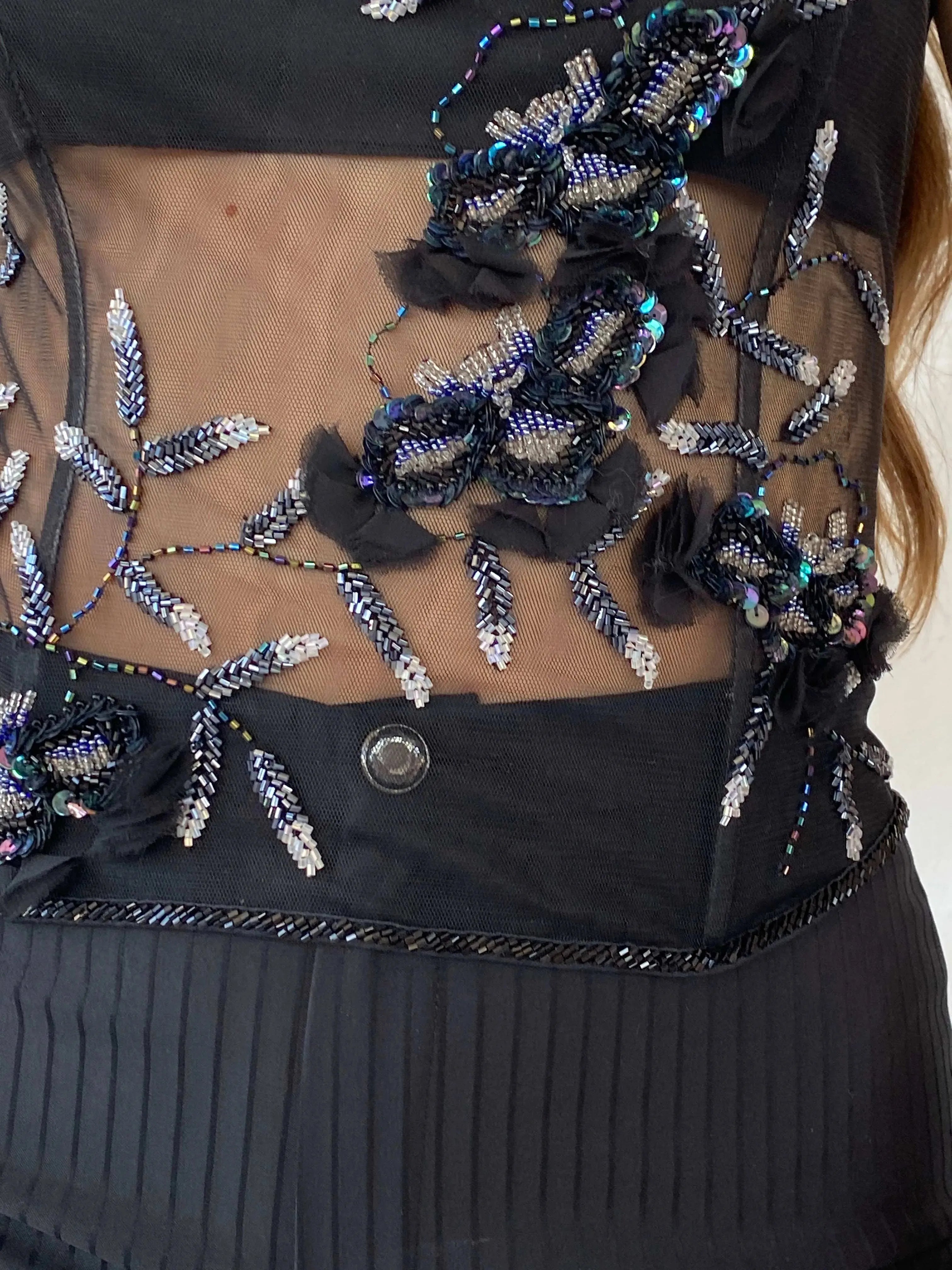 90s Aftershock Black Beaded Party Boned Semi Sheer Corset - S - Balagan Vintage Corset 00s, consignment, corset, Deals, Mira, Sadouf, shimmer, sleeveless top, women top