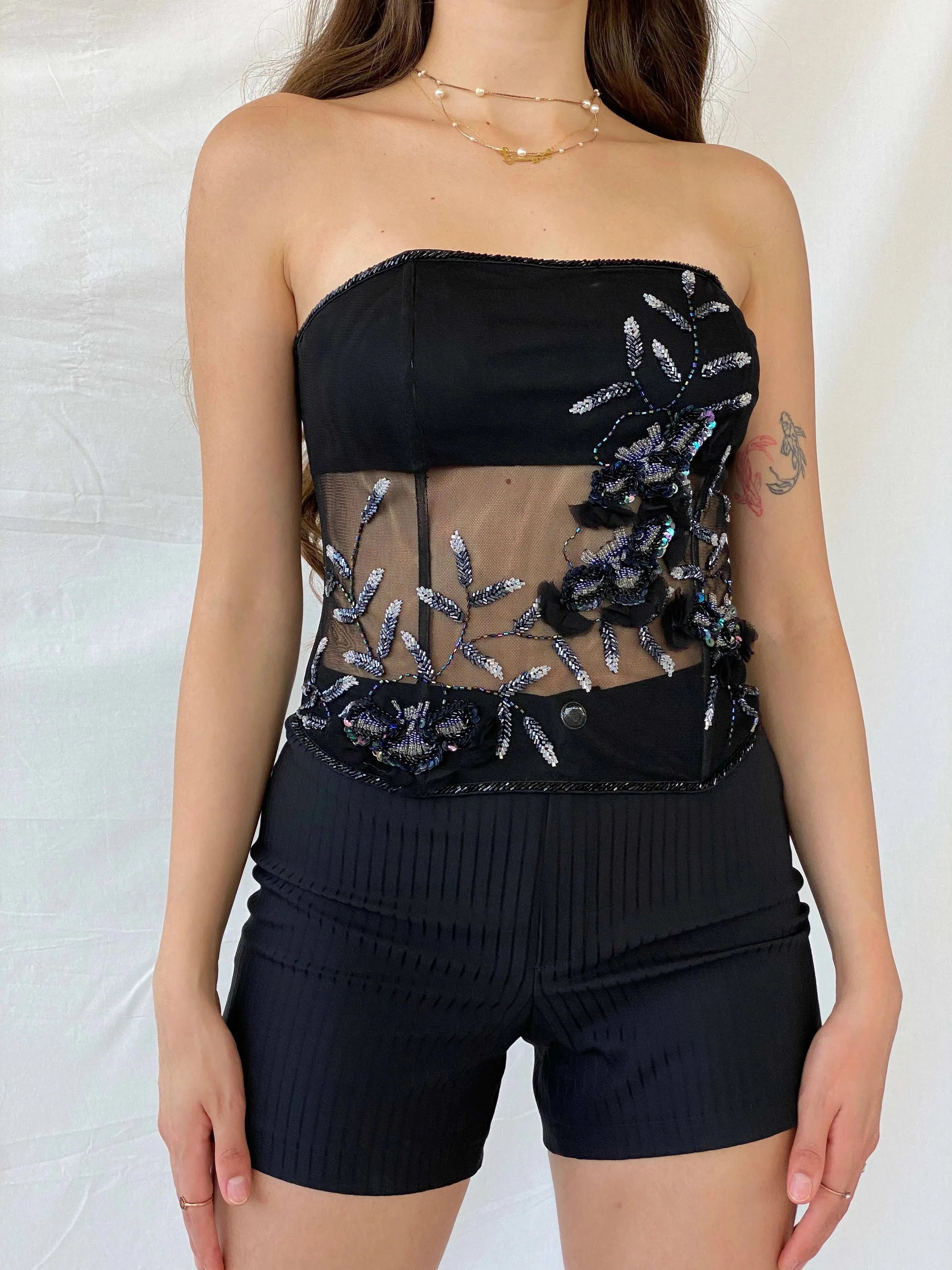 90s Aftershock Black Beaded Party Boned Semi Sheer Corset - S - Balagan Vintage Corset 00s, consignment, corset, Deals, Mira, Sadouf, shimmer, sleeveless top, women top