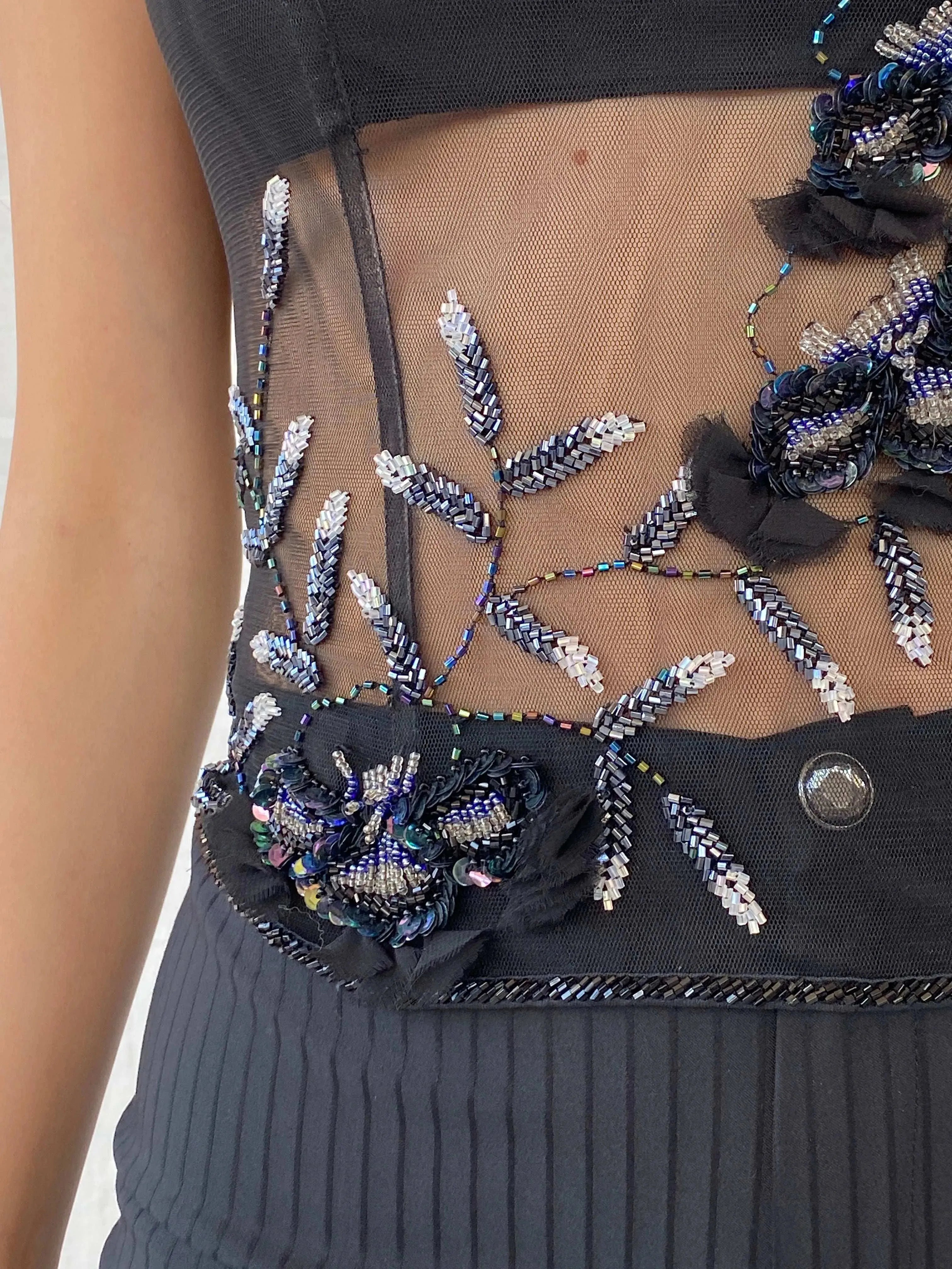 90s Aftershock Black Beaded Party Boned Semi Sheer Corset - S - Balagan Vintage Corset 00s, consignment, corset, Deals, Mira, Sadouf, shimmer, sleeveless top, women top