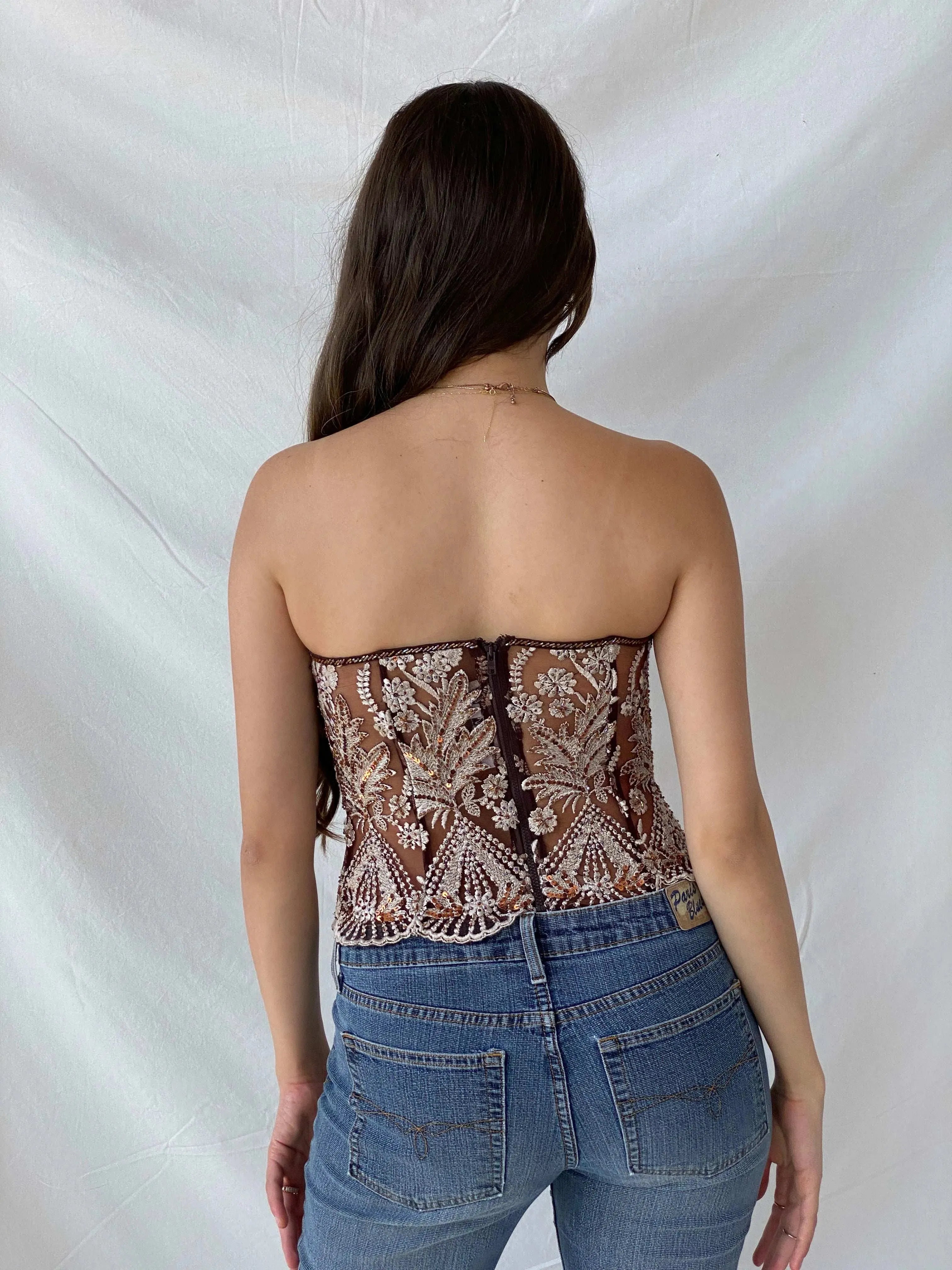 90s Aftershock Brown Sequined Embroidery Party Boned Corset - S - Balagan Vintage Corset 00s, consignment, corset, Mira, Sadouf, shimmer, sleeveless top, women top