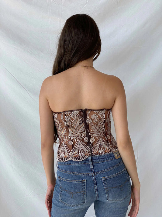 90s Aftershock Brown Sequined Embroidery Party Boned Corset - S - Balagan Vintage Corset 00s, consignment, corset, Mira, Sadouf, shimmer, sleeveless top, women top