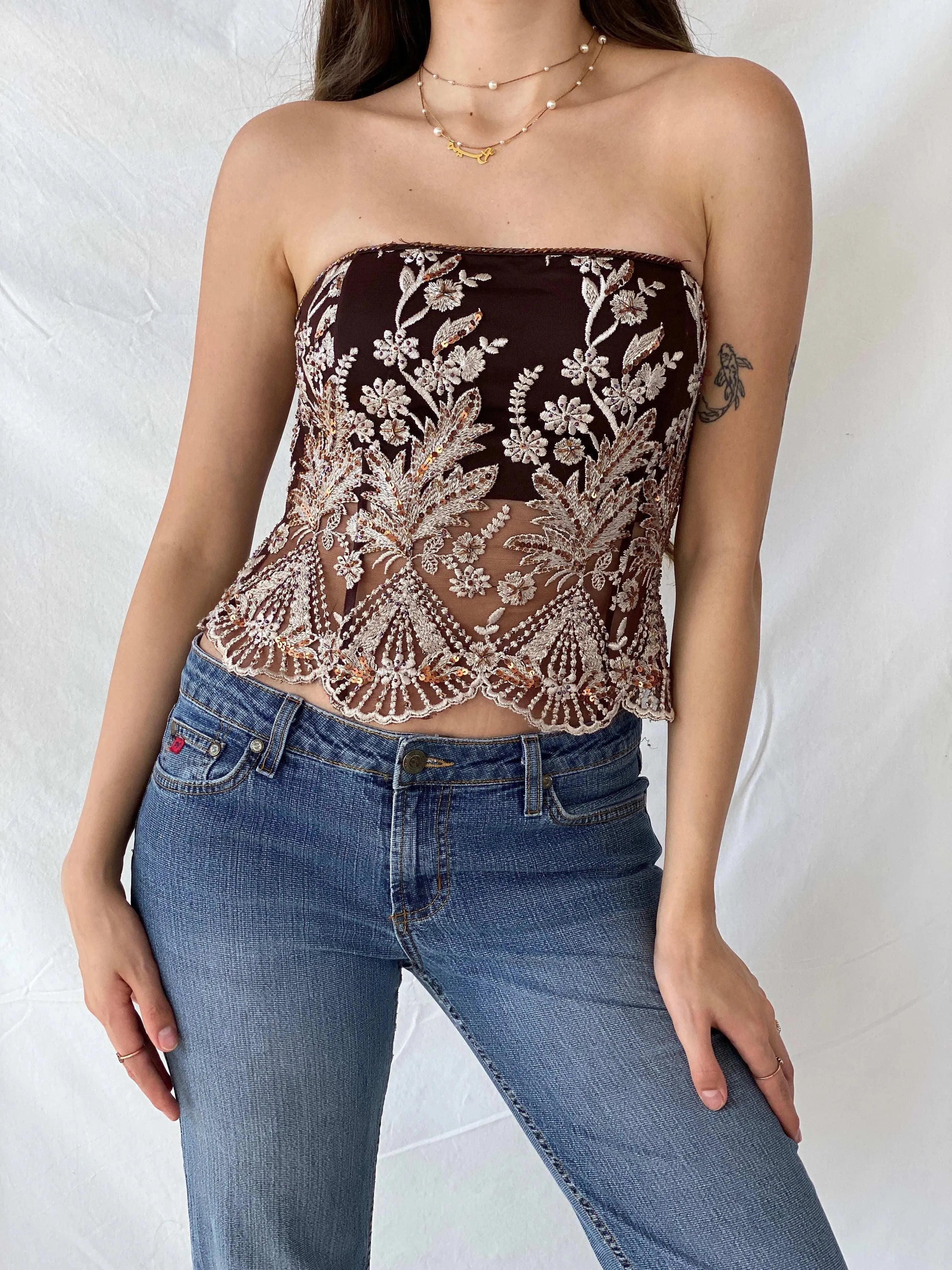 90s Aftershock Brown Sequined Embroidery Party Boned Corset - S - Balagan Vintage Corset 00s, consignment, corset, Mira, Sadouf, shimmer, sleeveless top, women top