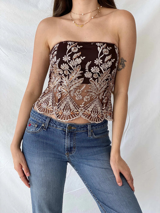 90s Aftershock Brown Sequined Embroidery Party Boned Corset - S - Balagan Vintage Corset 00s, consignment, corset, Mira, Sadouf, shimmer, sleeveless top, women top