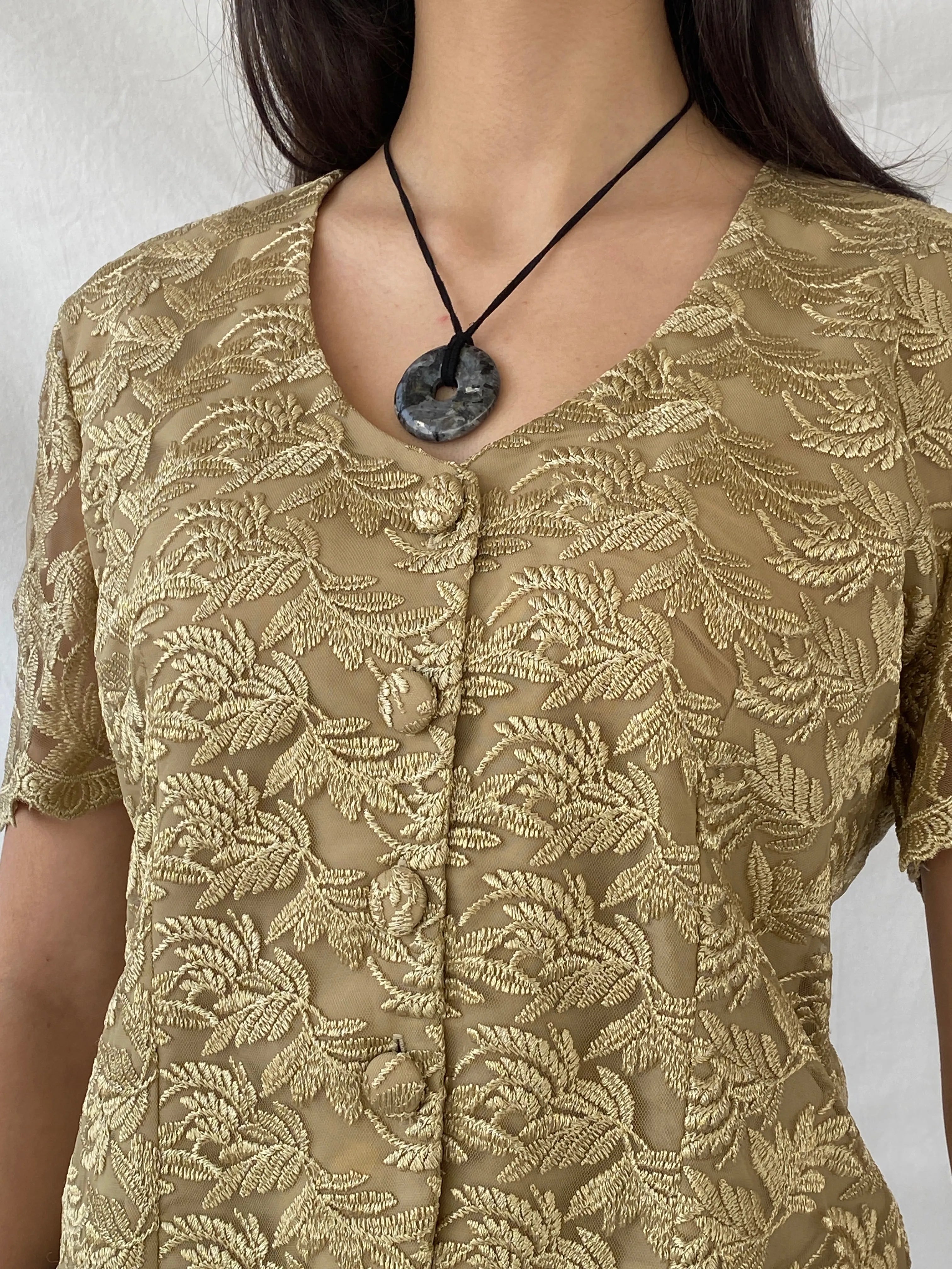 90s DETAIL Premium Collection Gold Floral Lace Short Sleeve Blazer Shirt - L - Balagan Vintage Half Sleeve Blazer 00s, Coats&Jackets, half sleeve blazer, half sleeve shirt, Syntia, women top, Women's Blazers