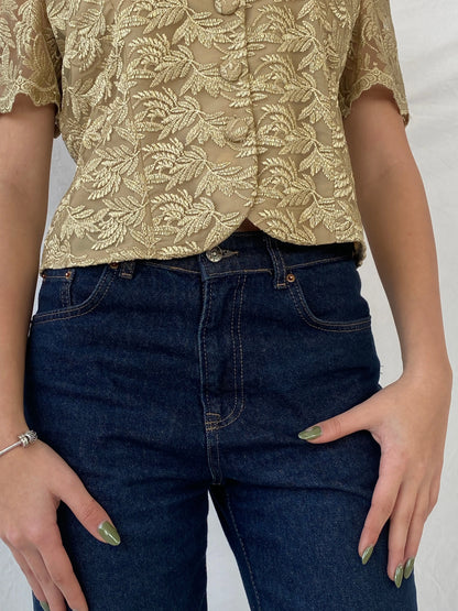 90s DETAIL Premium Collection Gold Floral Lace Short Sleeve Blazer Shirt - L - Balagan Vintage Half Sleeve Blazer 00s, Coats&Jackets, half sleeve blazer, half sleeve shirt, Syntia, women top, Women's Blazers