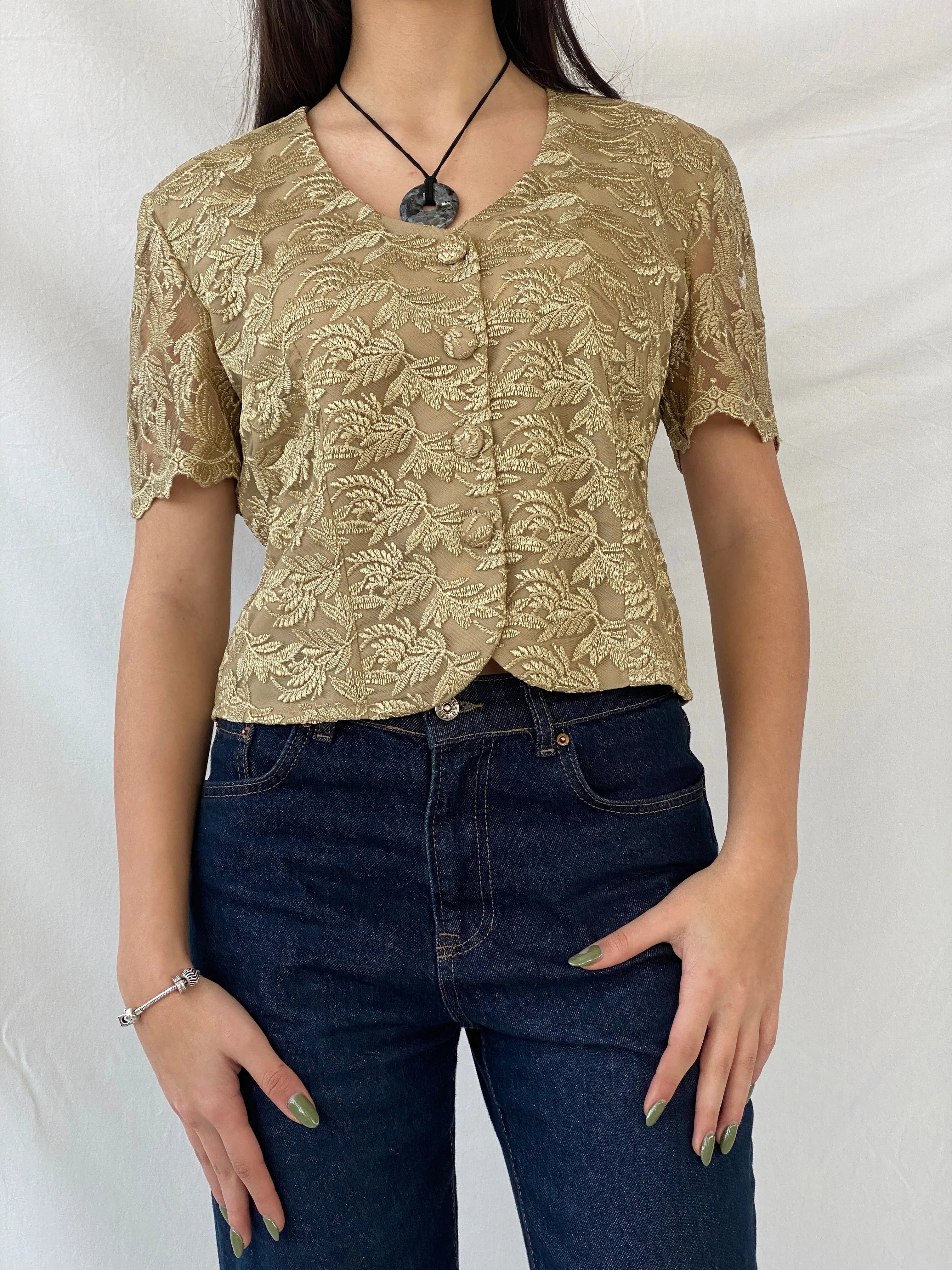 90s DETAIL Premium Collection Gold Floral Lace Short Sleeve Blazer Shirt - L - Balagan Vintage Half Sleeve Blazer 00s, half sleeve blazer, half sleeve shirt, Syntia, women top