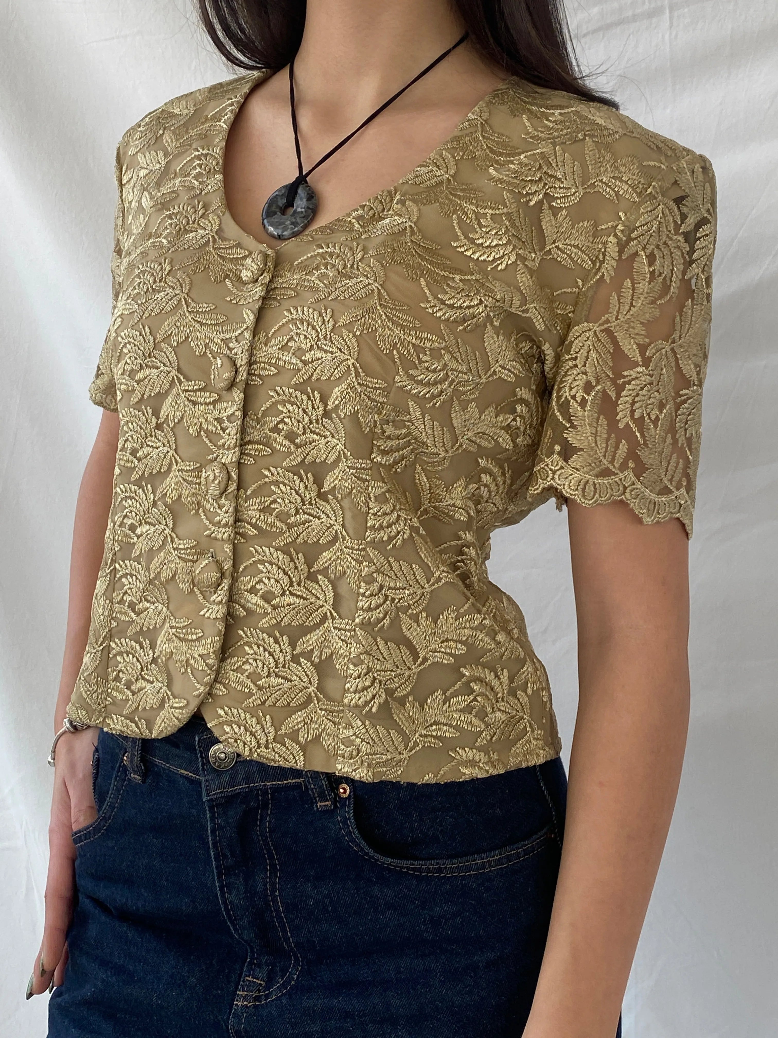 90s DETAIL Premium Collection Gold Floral Lace Short Sleeve Blazer Shirt - L - Balagan Vintage Half Sleeve Blazer 00s, half sleeve blazer, half sleeve shirt, Syntia, women top