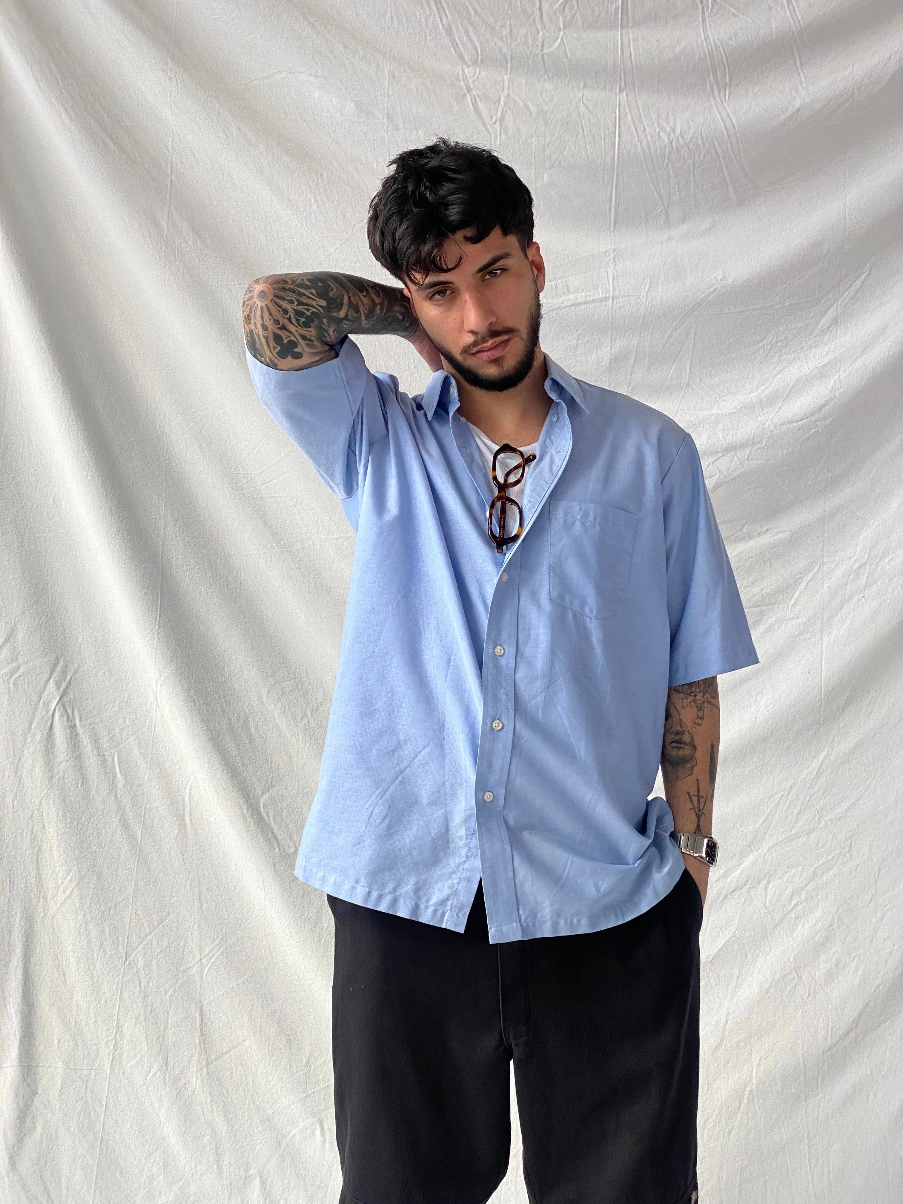 90s Freeds Class Act Men‘s Half Sleeve Blue Shirt - L - Balagan Vintage Half Sleeve Top 90s, consignment, Hamza, mens shirt, striped, striped shirt, winter