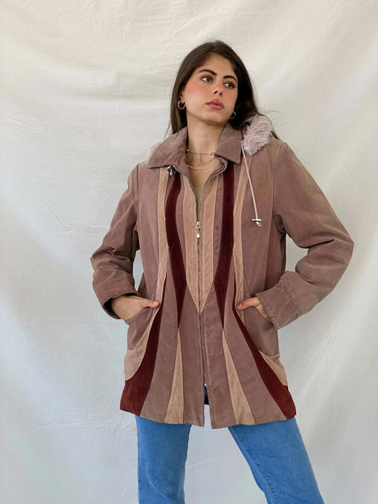 90s Genuine Pink Suede Heavy Zip Up Patched Coat - L - Balagan Vintage Coat 00s, coat, genuine leather, genuine leather coat, Mira, silk, vintage coat, winter